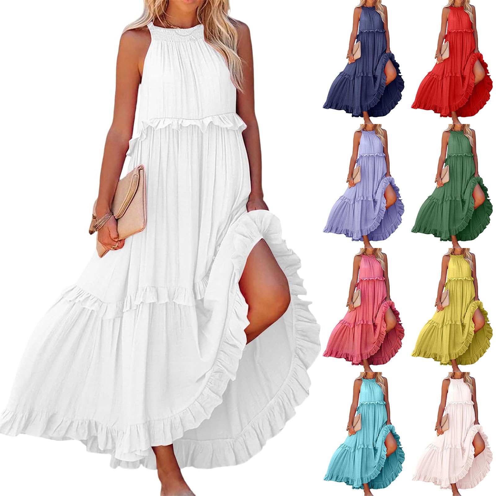 Women's Summer Casual Sleeveless Halter Neck Tiered Beach Dress - Flowy Swing Maxi Dress with Pockets for Beach Vacation, Pool Party & Outdoor Date