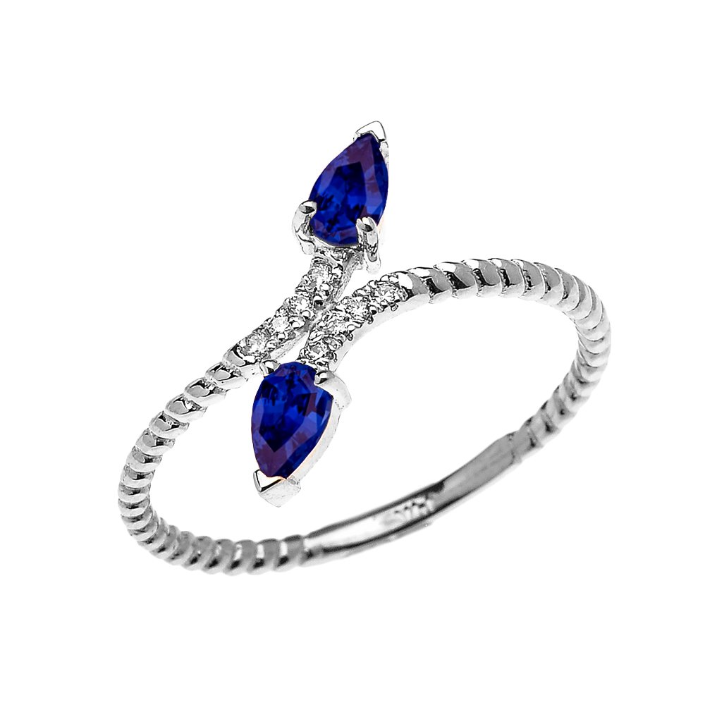10K White Gold Dainty Two Stone Pear Shape Sapphire and Diamond Rope Design Promise/Stackable Ring for Women - Elegant Jewelry Gift for Anniversary, Engagement, Wedding & Everyday Wear