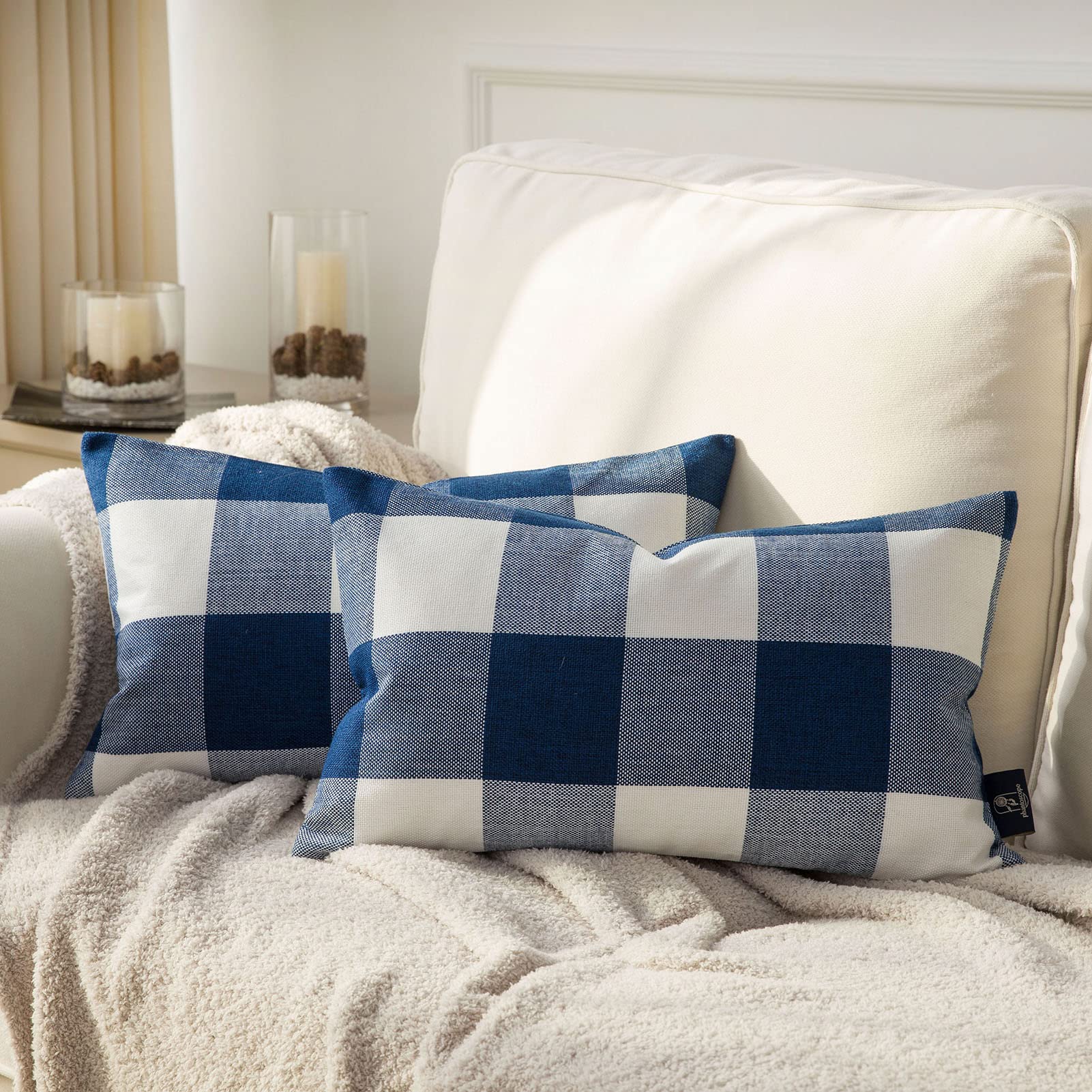Phantoscope 2-Pack Buffalo Check Plaid Throw Pillow Covers - 12x20 Inches Navy Blue Gingham Farmhouse Decorative Pillows for Couch, Bed, Sofa - Indoor & Outdoor Home Decor