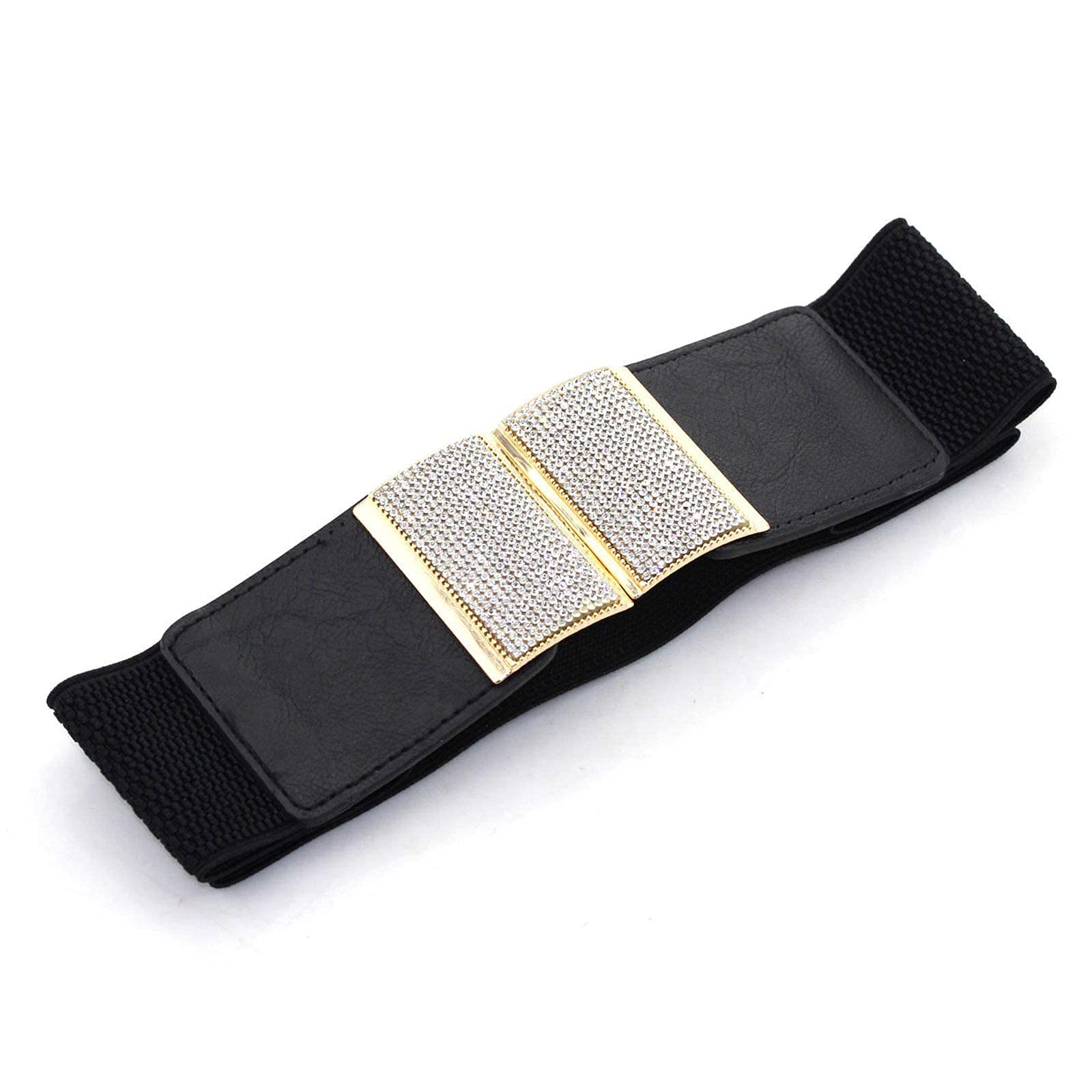 Black Elastic Waist Belt with Golden Buckle - Wedding & Formal Wear Accessory