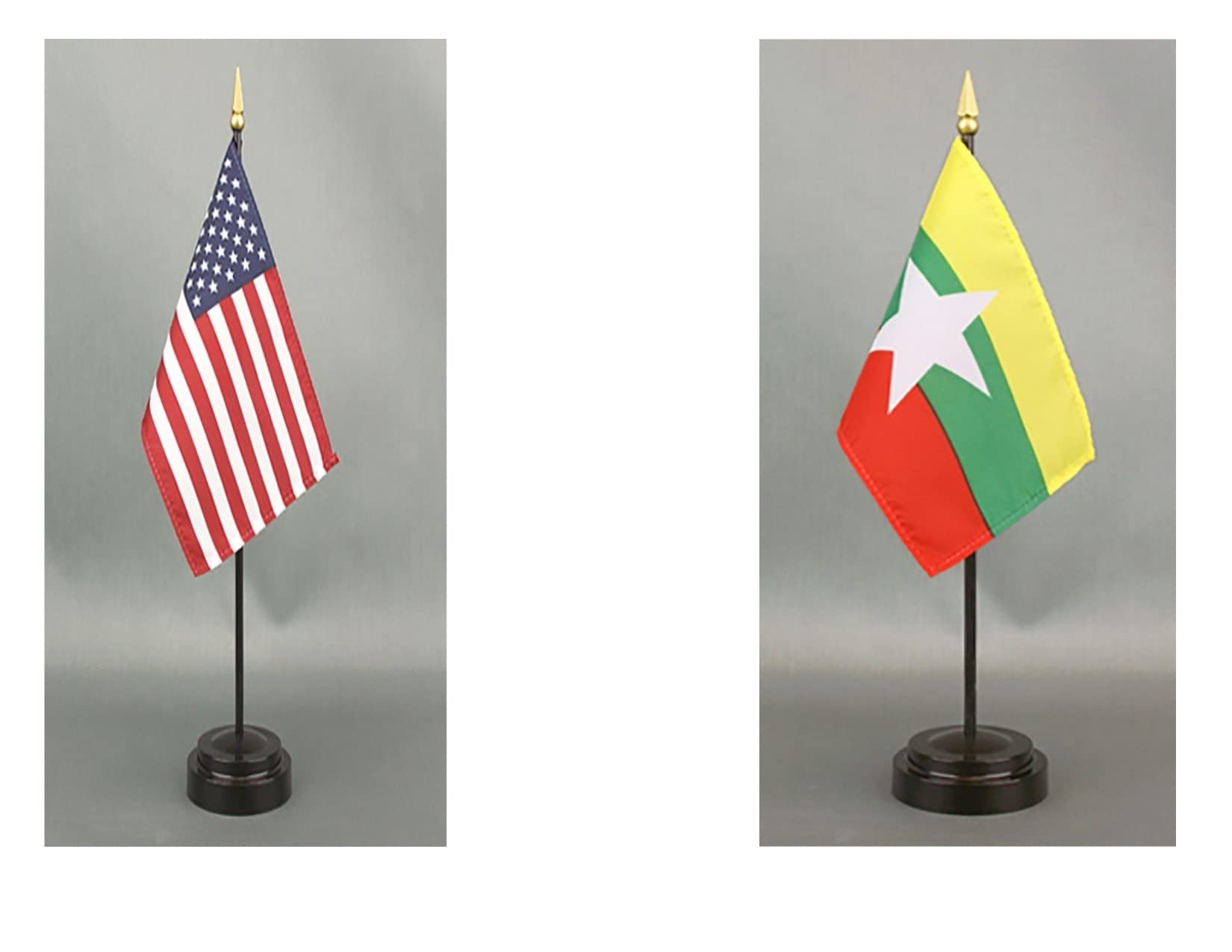 American Made Myanmar Desk Flag Set - 4x6 inch Rayon Office Desk & Hand Waving Table Flags with 2 Stands (USA & Myanmar Flags) - Perfect for Office Decor, International Events, and Patriotic Displays