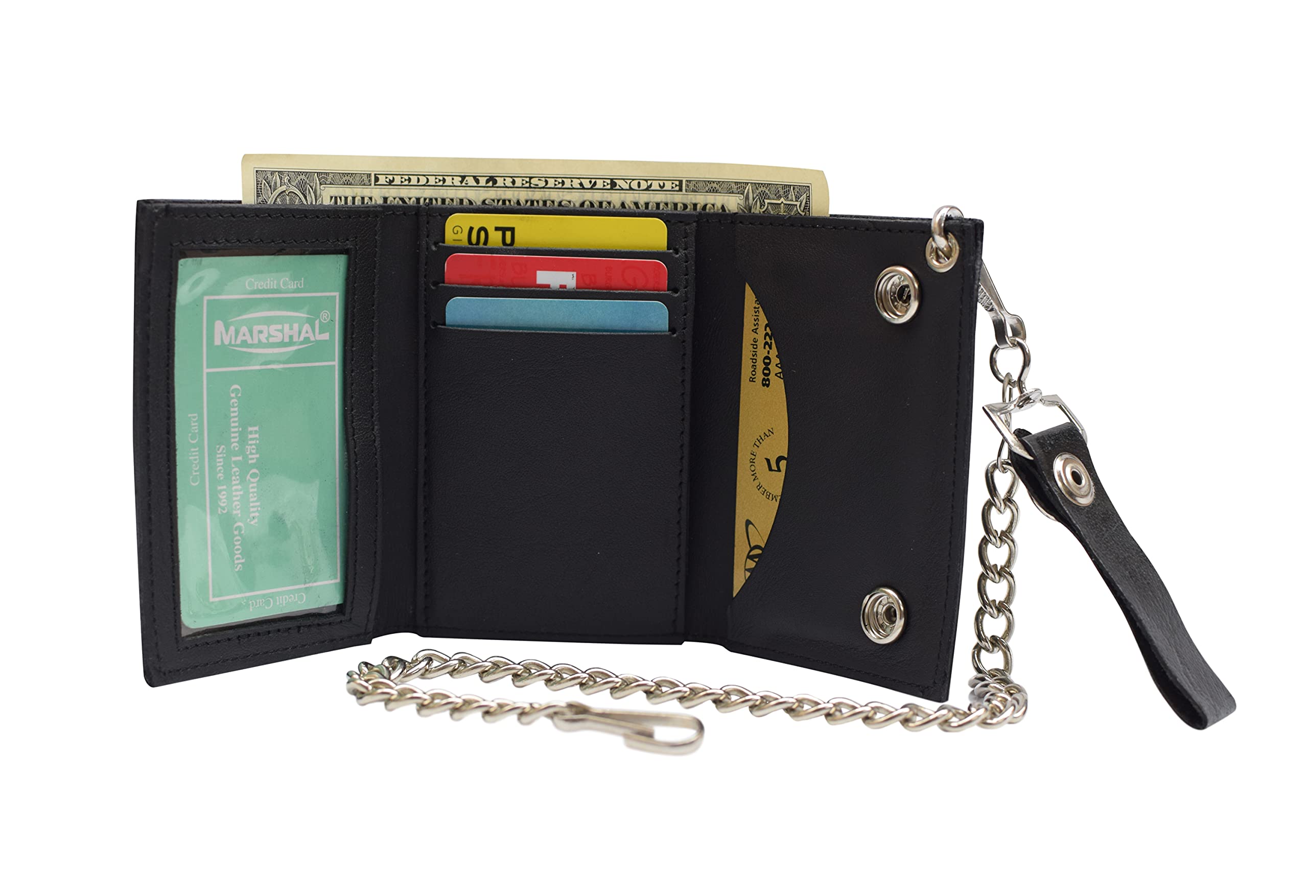 MARSHAL Men's Genuine Leather Black Trifold Wallet with Chain - Biker Trucker Motorcycle Wallet for Men - Perfect for Riding, Travel & Everyday Use