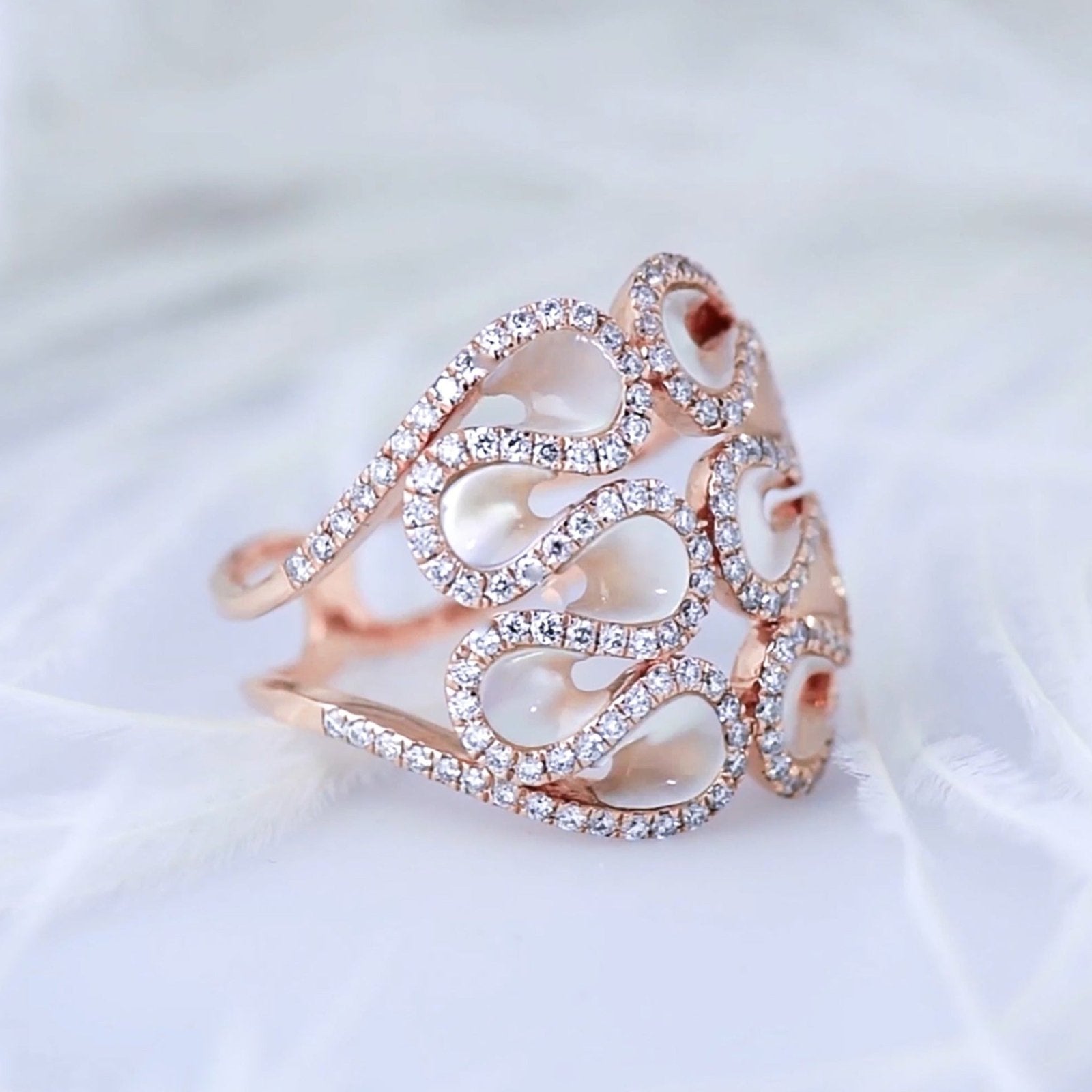 14K Rose Gold Abstract Swirl Mother of Pearl and Diamond Cocktail Ring - Elegant Statement Jewelry for Evening Parties & Special Occasions
