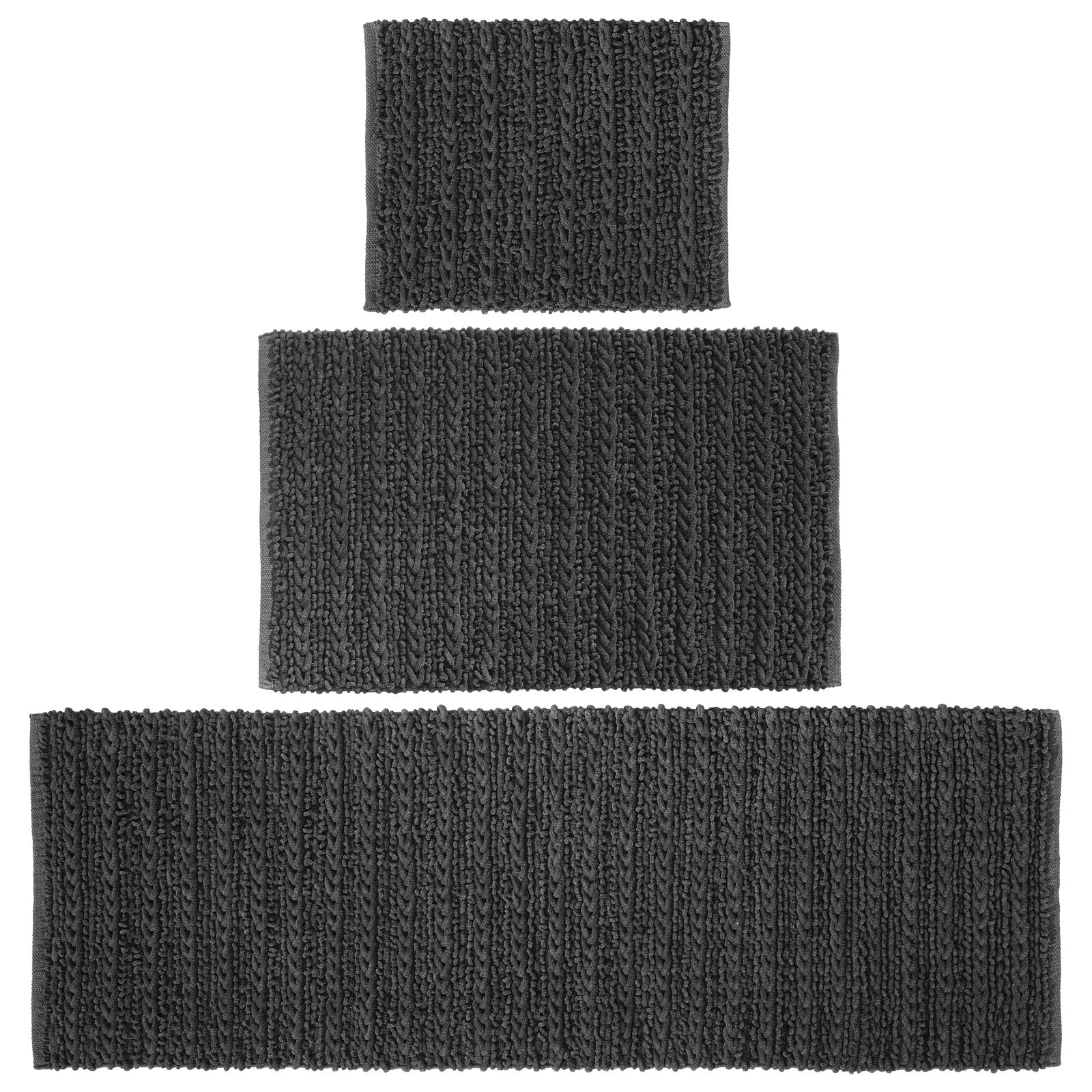mDesign 3-Piece Cotton Bathroom Rug Set - Super Absorbent, Non-Slip Bath Mat for Vanity, Shower & Bathtub - Includes Runner & Small Rugs - Braided Design - Perfect for Master & Guest Bathrooms (Black, Set of 3) | Home Decor & Bath Essentials