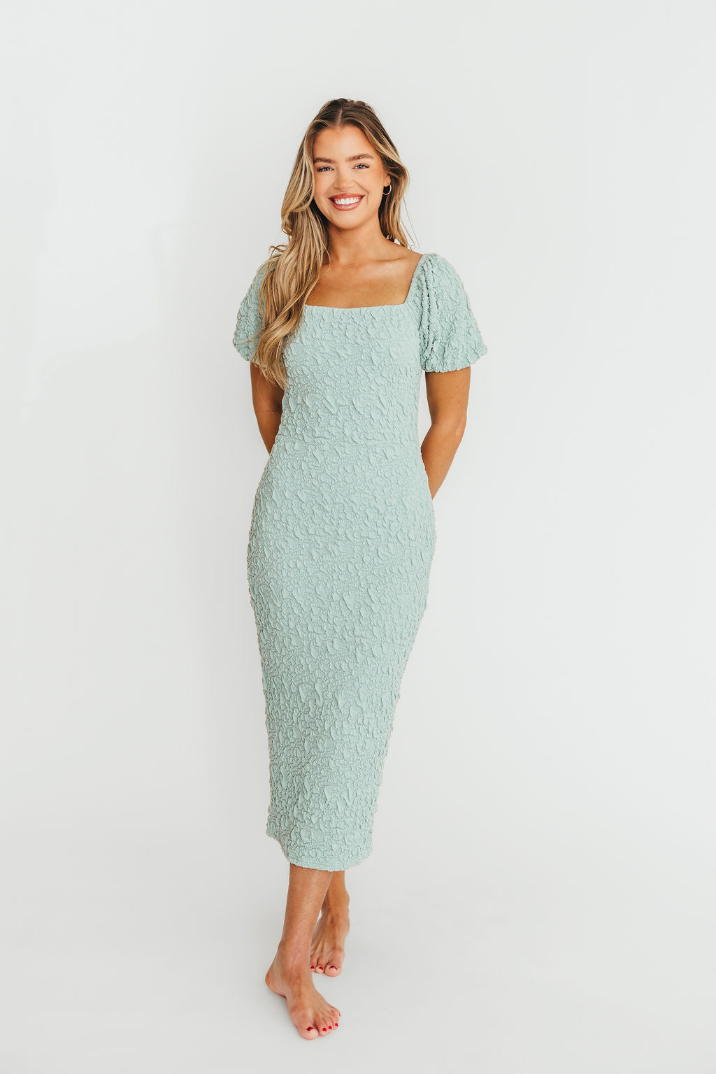 Blakeley Textured Midi Dress in Seafoam Green - Bump Friendly Maternity Dress for Pregnancy & Nursing | Perfect for Baby Showers, Date Nights & Office Wear