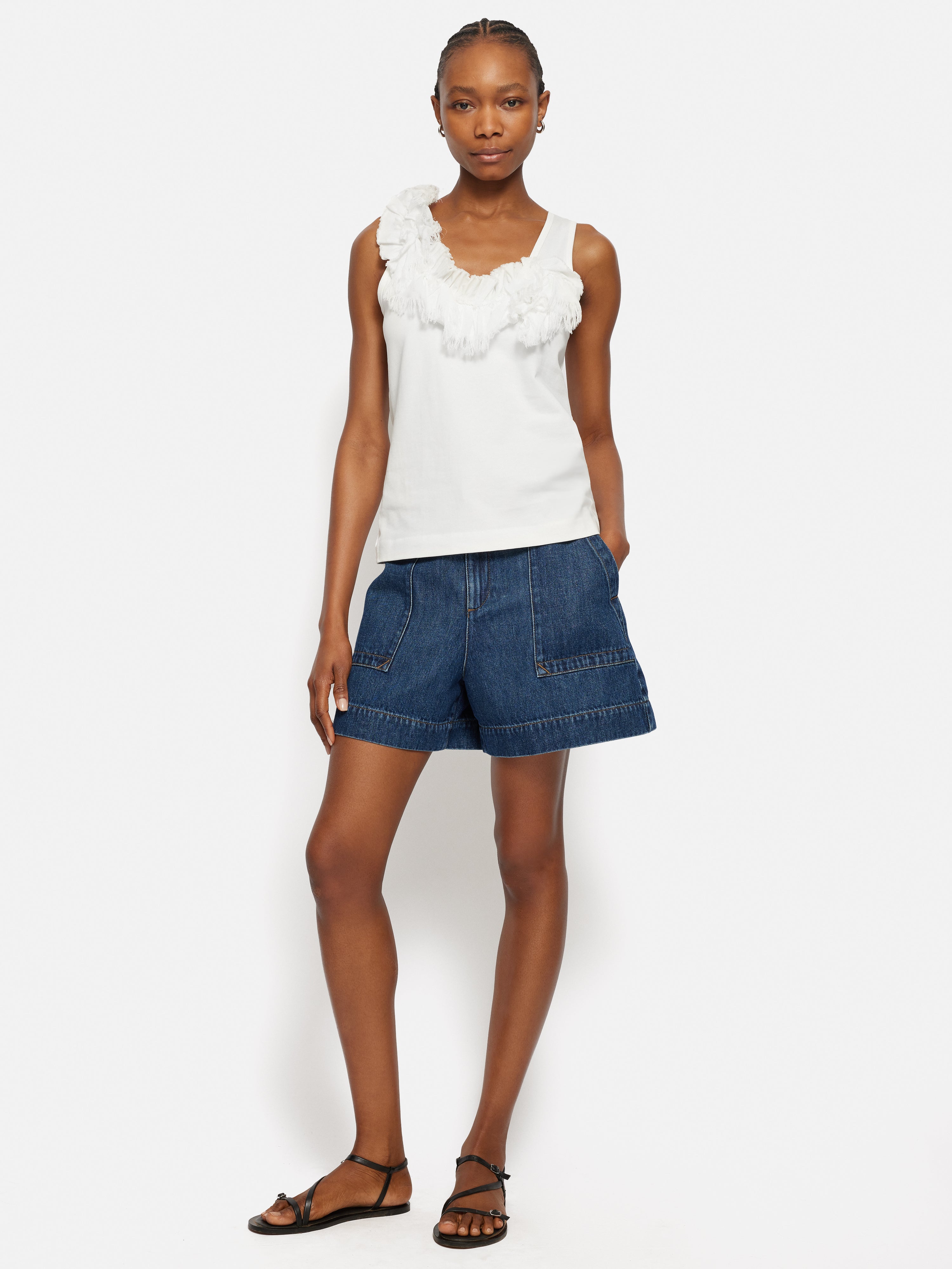 Women's White Ruffle Trim Jersey Top - Soft & Comfortable Casual Shirt for Everyday Wear, Date Night & Office Outfits