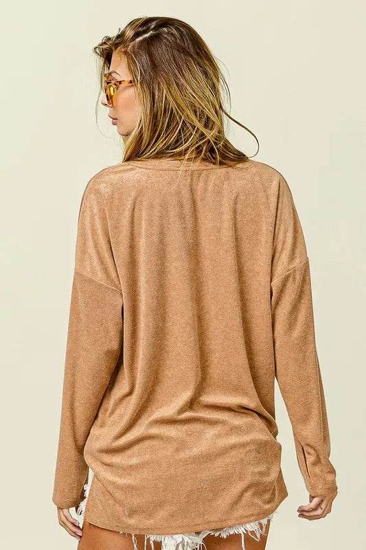 BiBi Loop Terry Solid V-Neck Pocket Top for Women - Soft Casual T-Shirt with Pocket - Perfect for Everyday Wear, Lounge, and Outings