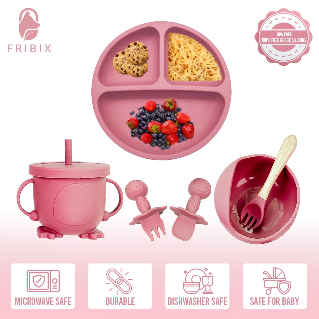 Fribix 9-Piece Silicone Baby Feeding Set | Self-Feeding Essentials for Toddlers & Baby Led Weaning | Includes Suction Plate, Bowl, 2 Spoons, 2 Forks, Cup with Lid & Adjustable Bib | Perfect for Home, Travel & Daycare Use