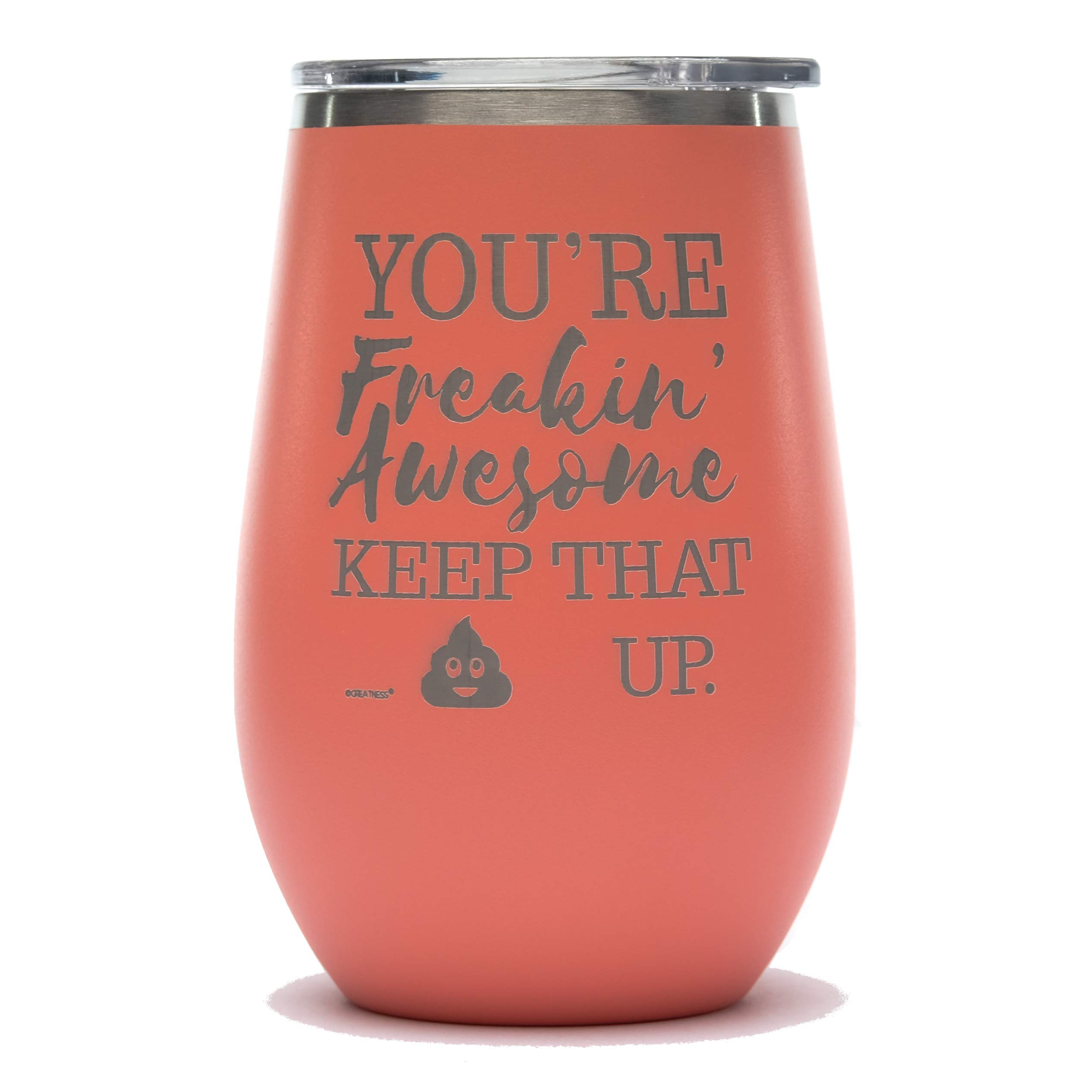 12 oz Coral Stainless Steel Wine Tumbler with 'You're Freakin' Awesome' Engraving - Insulated Cup for Hot & Cold Drinks - Perfect Holiday Gift for Wine & Coffee Lovers (Christmas, Hanukkah, Birthday) - Great for Office, Travel, Picnics & Outdoor Activities