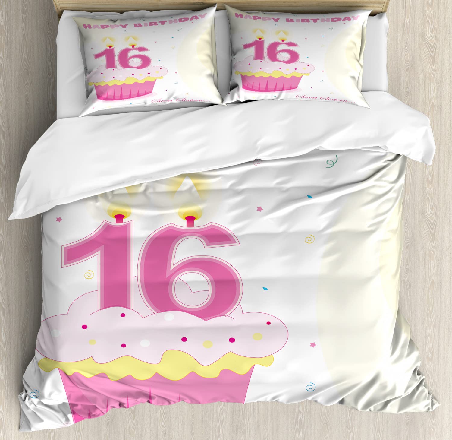 Ambesonne 16th Birthday Duvet Cover Set - Tasty Cupcake with Candle Teen Girls Bedding - 2 Duvet Covers & 4 Pillowcases - 2 Pack California King Size in Fuchsia & Yellow - Perfect for Sweet 16 Parties & Teen Bedroom Decor