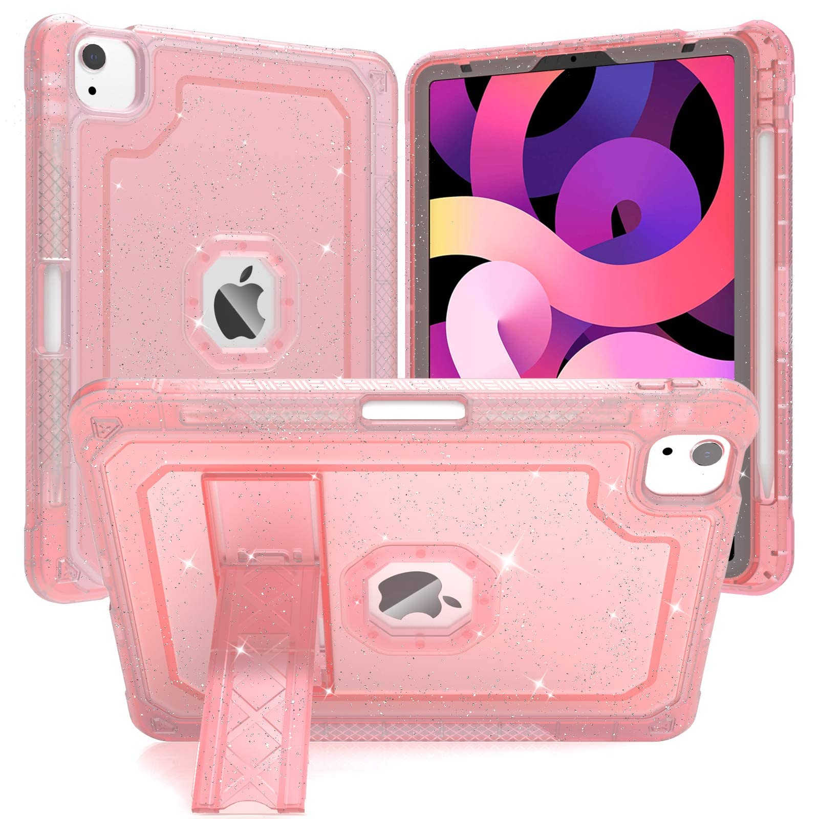 Stylish Clear Pink Glitter iPad Air 5th/4th Generation Case (2022/2020 Model) - Slim Hard Protective Cover with Pencil Holder & Stand for 10.9