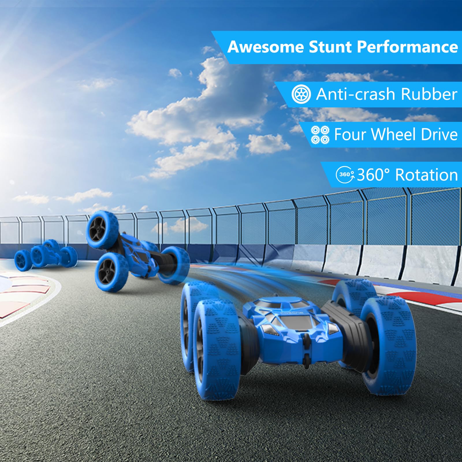 Cosone 2.4Ghz 4WD Remote Control Car for Kids - 360° Rotating Rechargeable RC Truck with LED Lights, All Terrain Toy Car for Boys & Girls (Blue) - Perfect for Indoor Play, Outdoor Adventures & Birthday Gifts