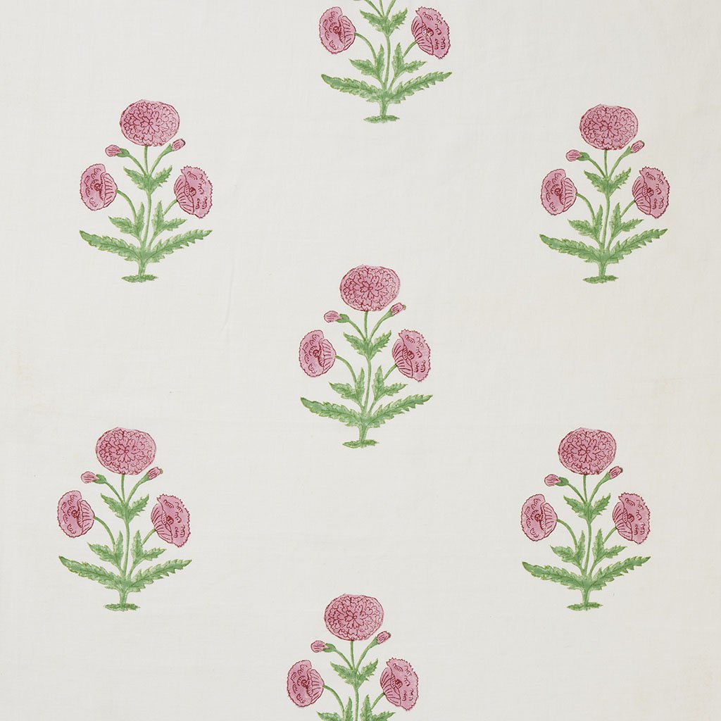 Poppy Block Printed Linen Fabric - Rose & Grass Design | Eco-Friendly Home Decor, Table Runners, Curtains & DIY Craft Projects