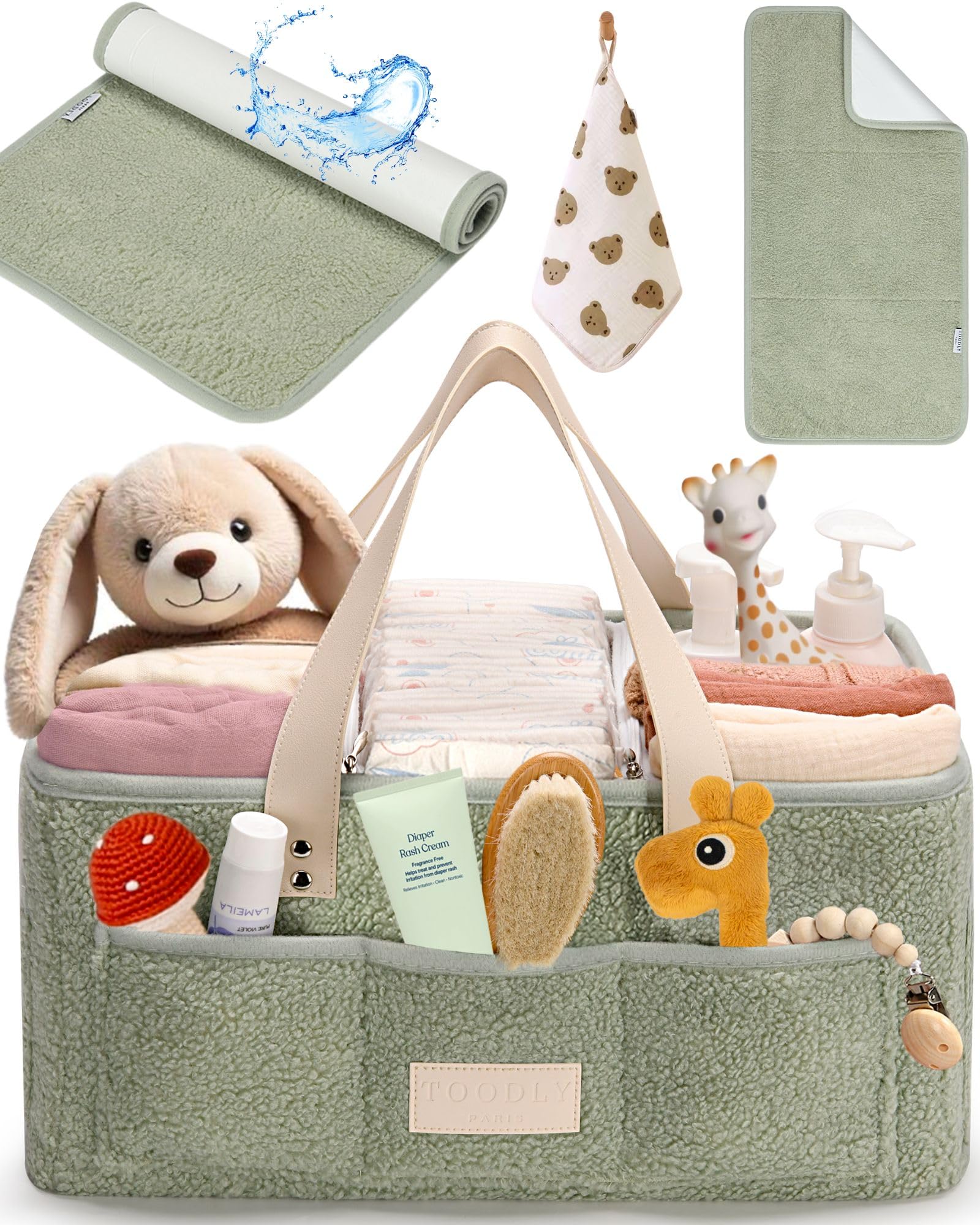 Portable Baby Diaper Caddy Organizer with Changing Mat & Burp Cloth - Soft Teddy Fleece Diaper Station for Nursery - Multi-Compartment Baby Basket for Diapers, Wipes & Essentials - Perfect for Nursery, Travel & On-the-Go Diaper Changes