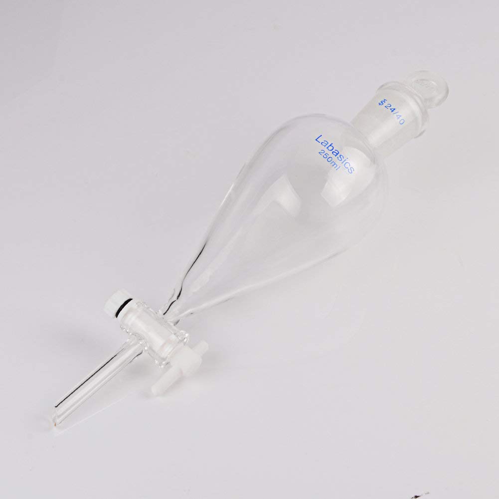 Labasics 250ml Borosilicate Glass Conical Separatory Funnel with PTFE Stopcock - 250mL for Chemistry Lab, Essential Oil Extraction & Liquid Separation