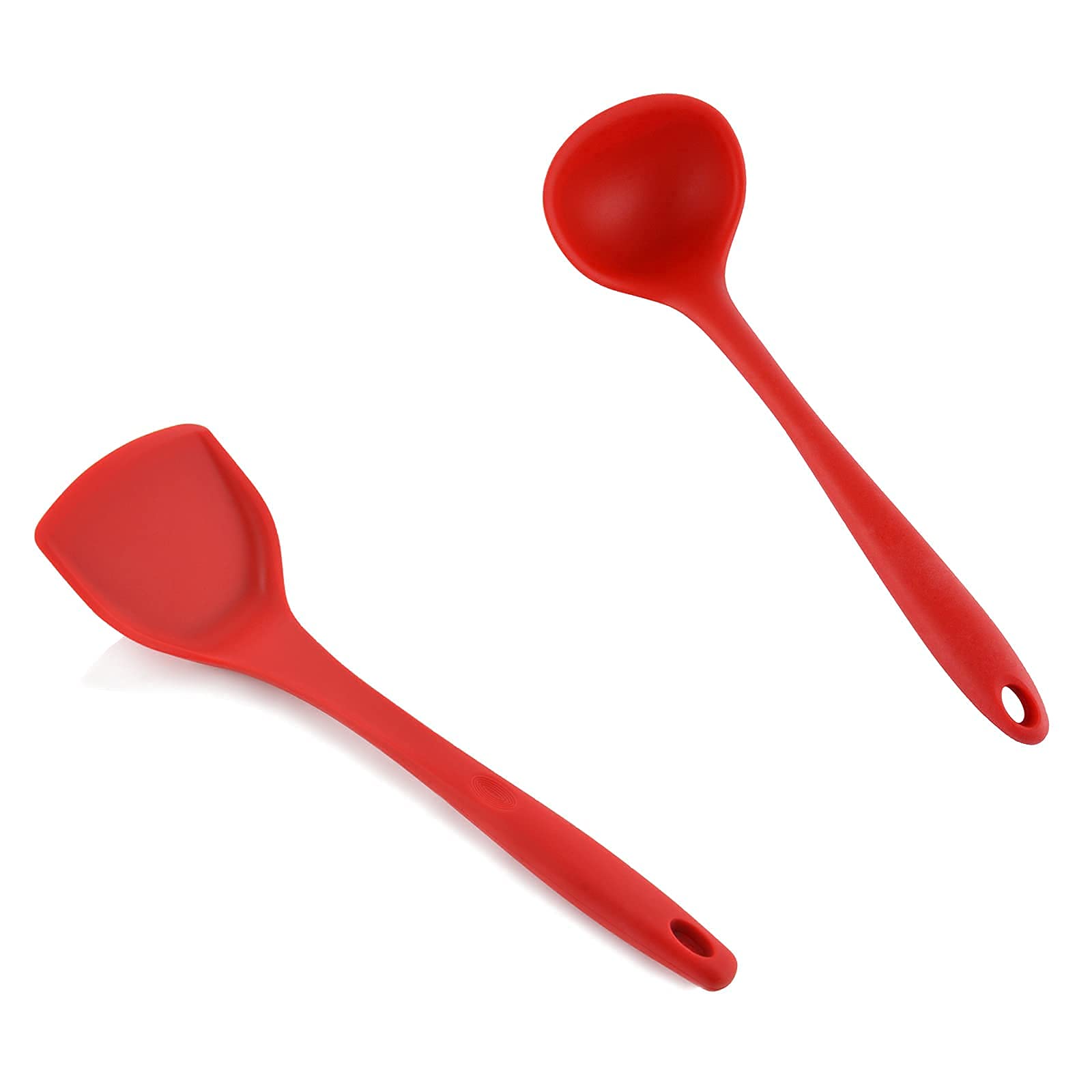 High Heat Resistant Silicone Wok Spatula & Ladle Spoon Set (Red) - Non-Stick Stir Fry Turner & Soup Spoon for Cooking, Frying, Serving - Perfect for Asian Cuisine, Home Kitchen & Restaurant Use