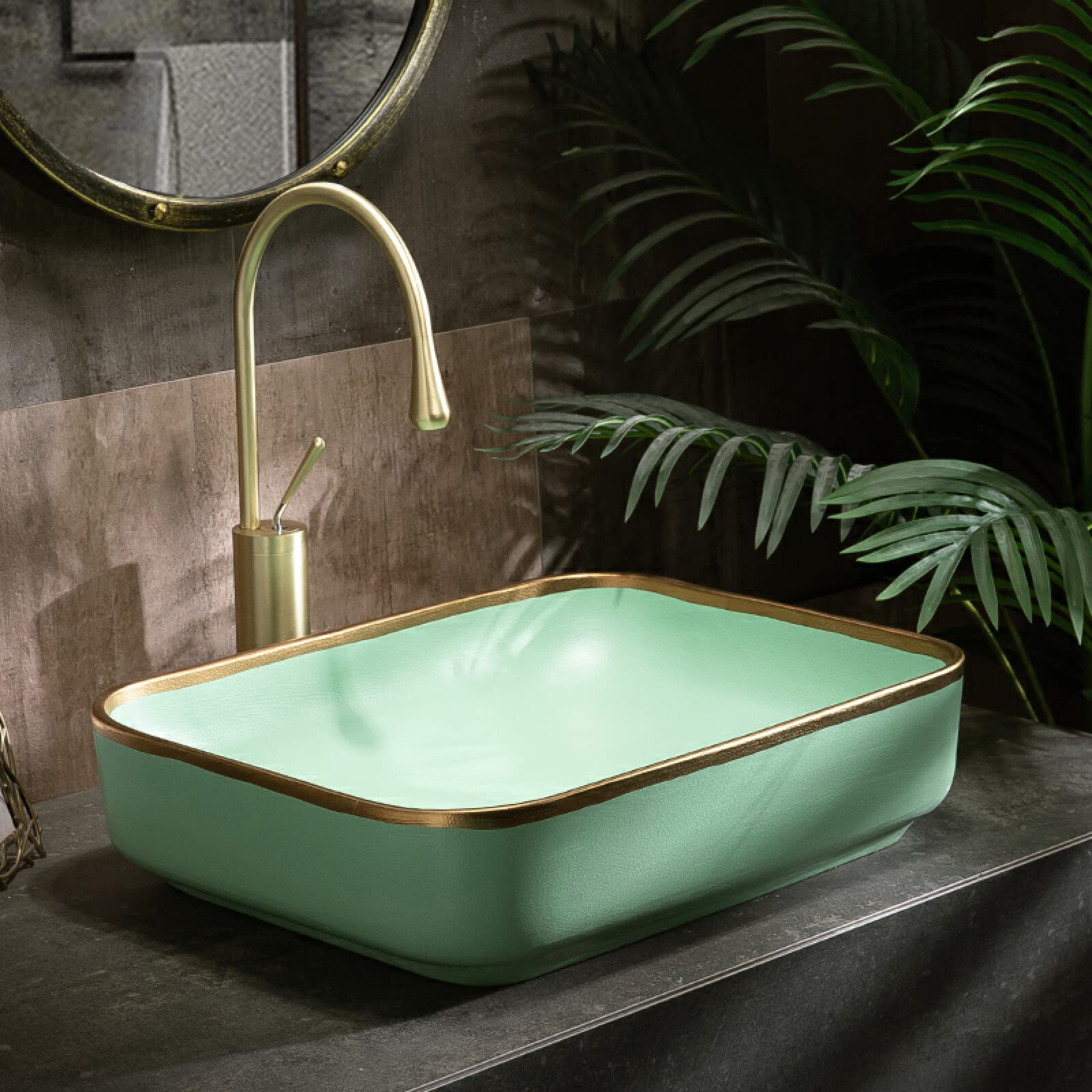 ROLTIN Rectangle Green Ceramic Countertop Bathroom Sink - Handmade Chinese Art Basin for Modern Bathroom & Powder Room Vanity - Perfect for Guest Baths, Luxury Homes & Spa Retreats