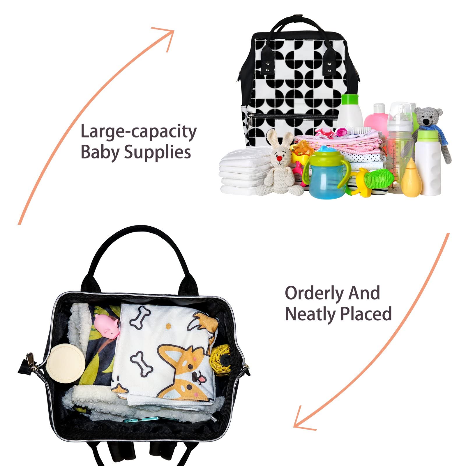 Retro Black and White Geometric Pattern Waterproof Diaper Backpack - Large Capacity Baby Nappy Bag for Travel, Work & Daily Use - Durable Unisex Laptop Backpack for Women & Men - Perfect for Parenting, Commuting and Outdoor Adventures