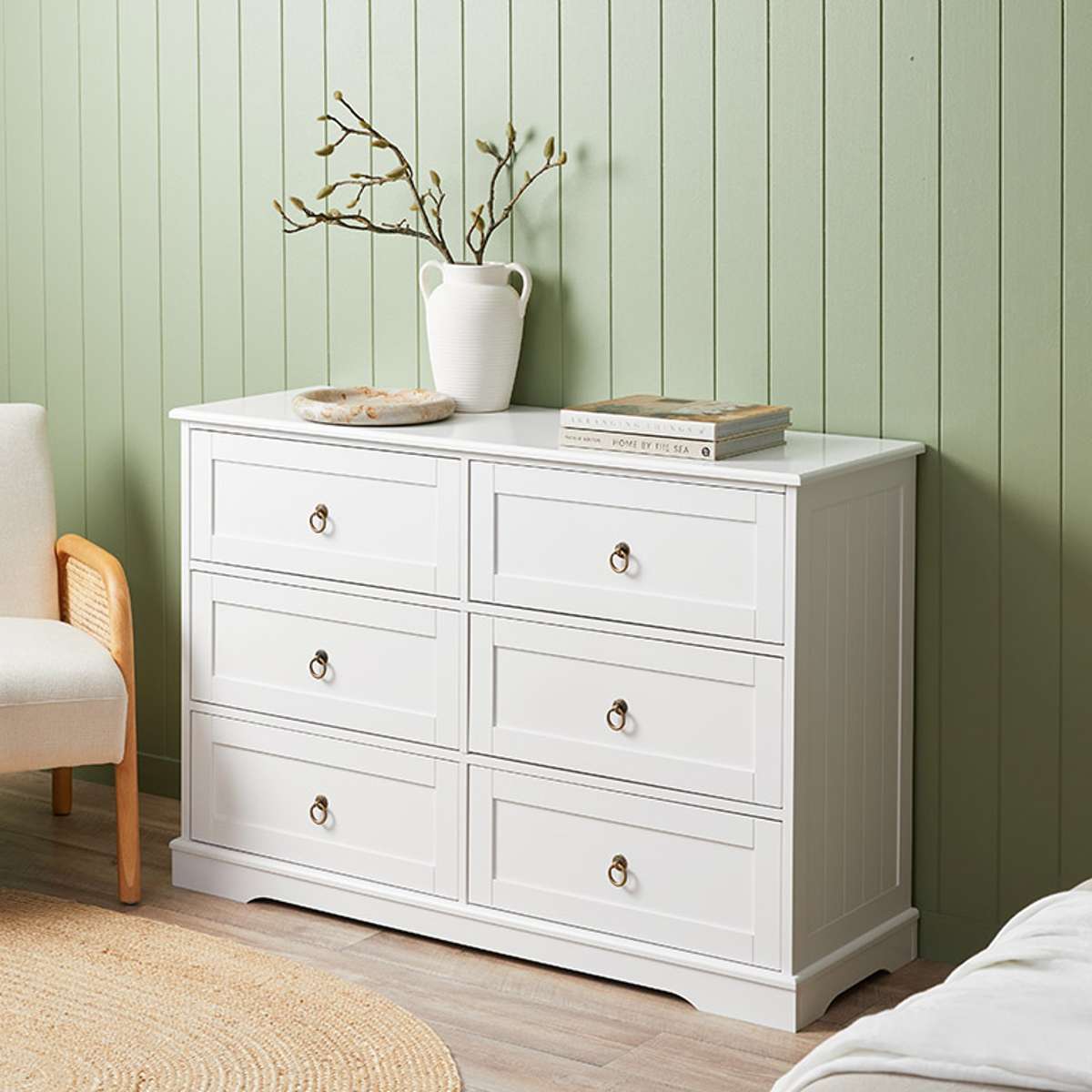 Hamptons Six-Drawer Wide Dresser - Spacious Wooden Chest of Drawers for Bedroom Storage & Organization | Perfect for Master Bedroom, Guest Room, or Dormitory