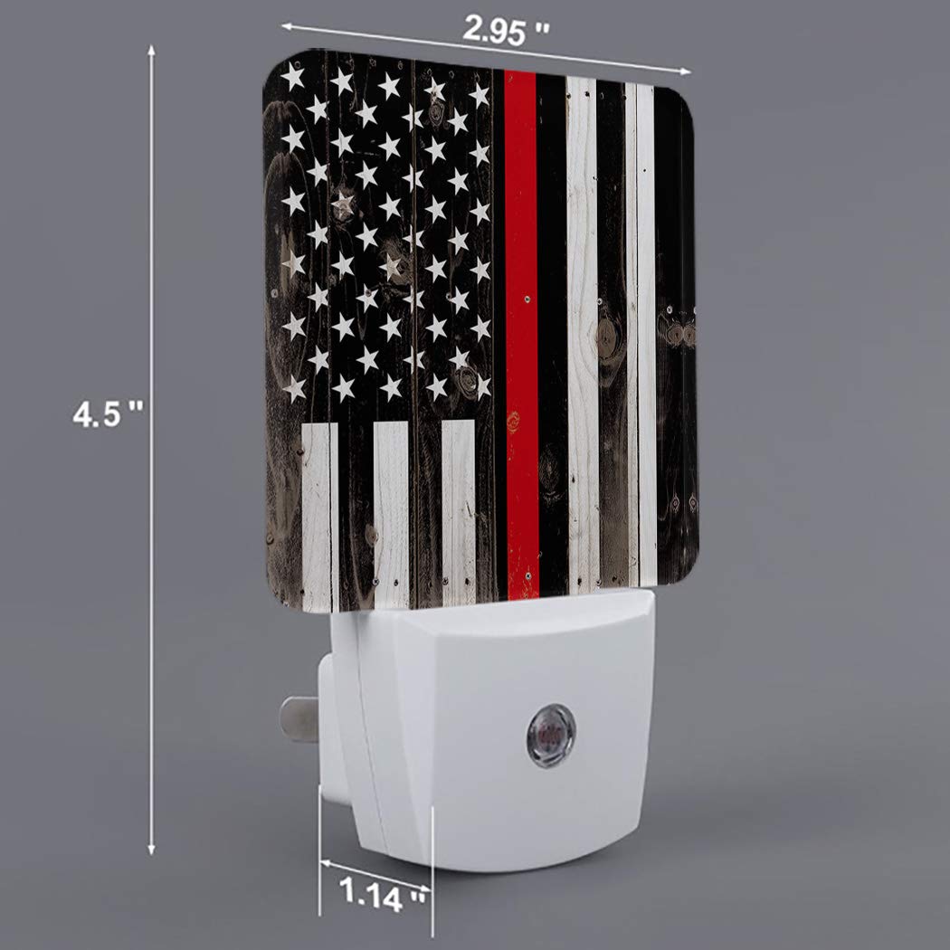 USA Flag LED Night Light with Auto Sensor - Thin Red Line Firefighter Respect Plug-in Wall Lamp for Bedroom, Hallway, Kids & Adults | Bright Square Night-Lights for Home Decor & Safety