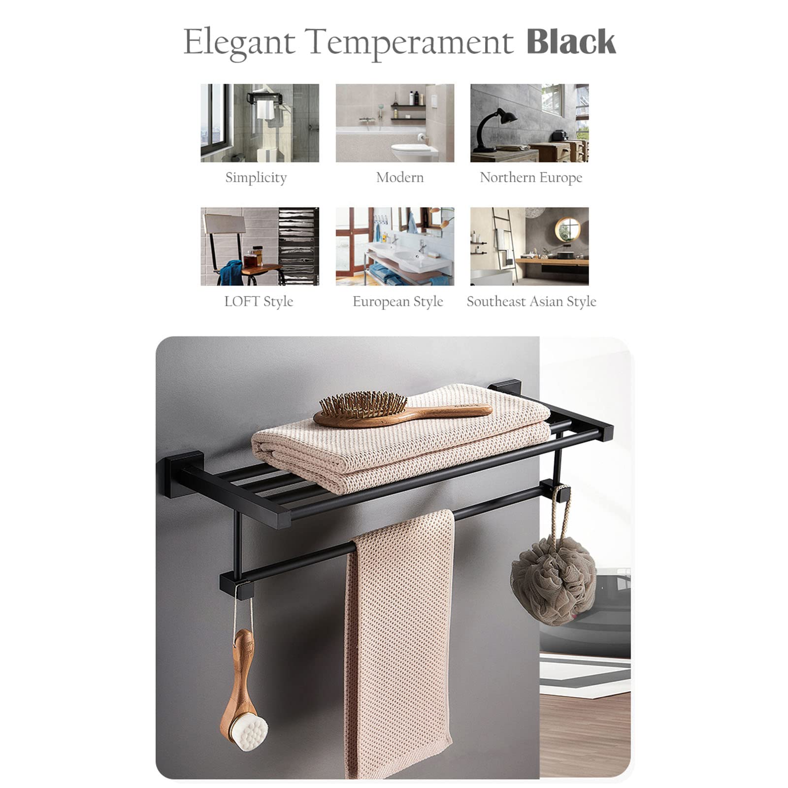 6-Piece Matte Black Bathroom Hardware Set - Double Towel Bar, Towel Rack, Towel Ring & Toilet Brush Holder - Durable Aluminum Bathroom Accessories for Modern Home Decor (Ideal for Bathroom Organization & Space Saving)