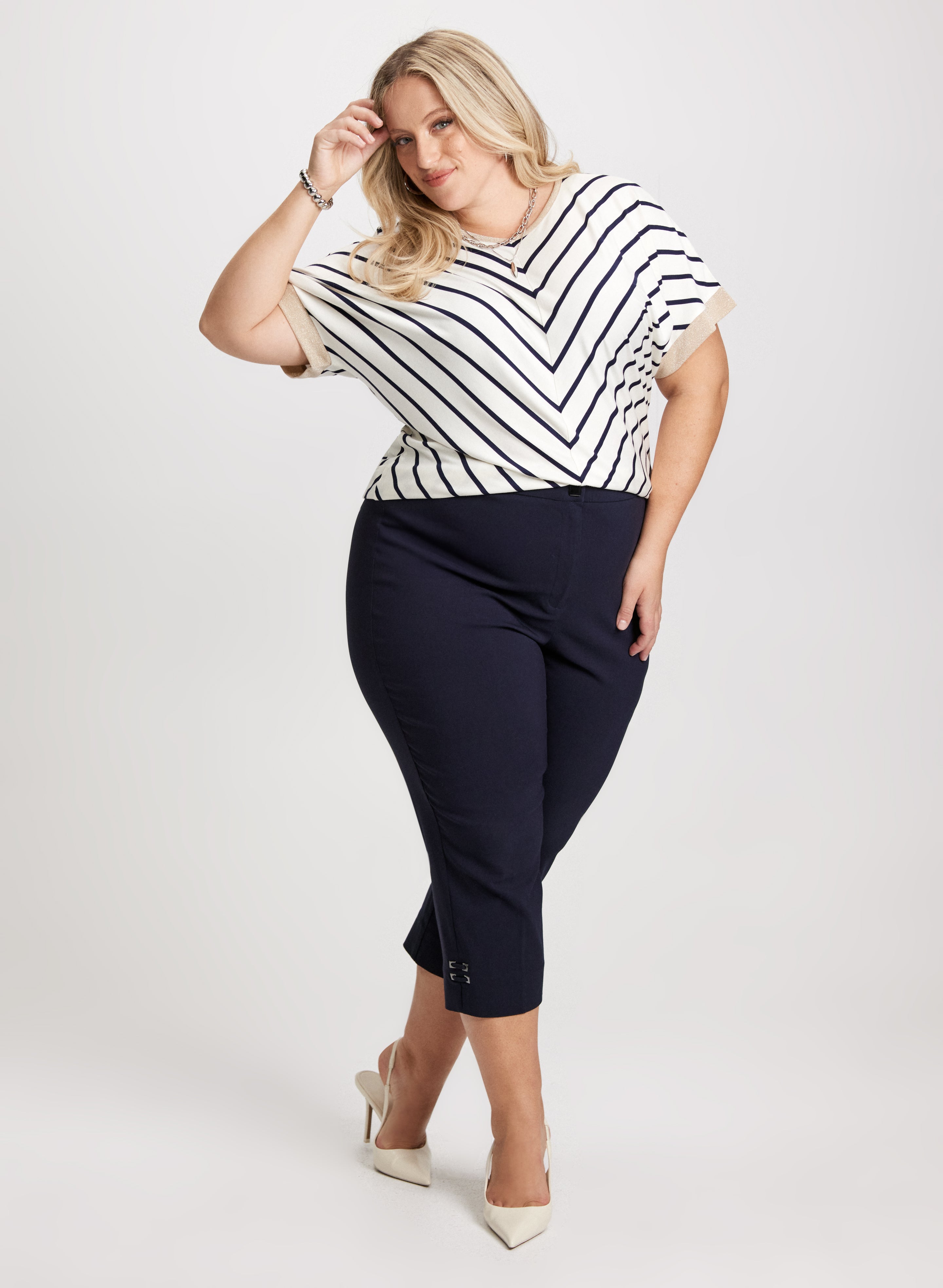 Chevron Drop Sleeve Top & Stretchy Bengaline Capris Set - Women's Casual Outfit for Work, Travel & Everyday Wear