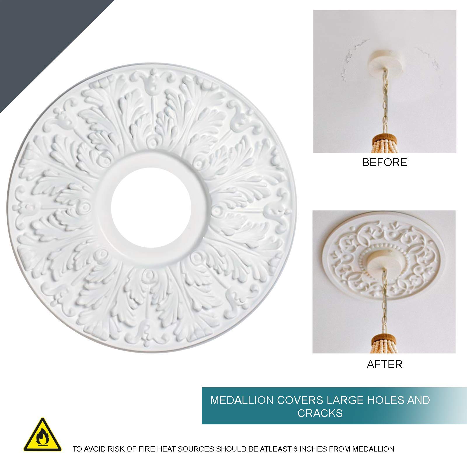 15-1/2 Inch Victorian Style Plastic Ceiling Medallion - 2 Pack White Traditional Finish for Chandeliers, Pendant Lights & Ceiling Fans - Perfect for Dining Rooms, Bedrooms & Foyers