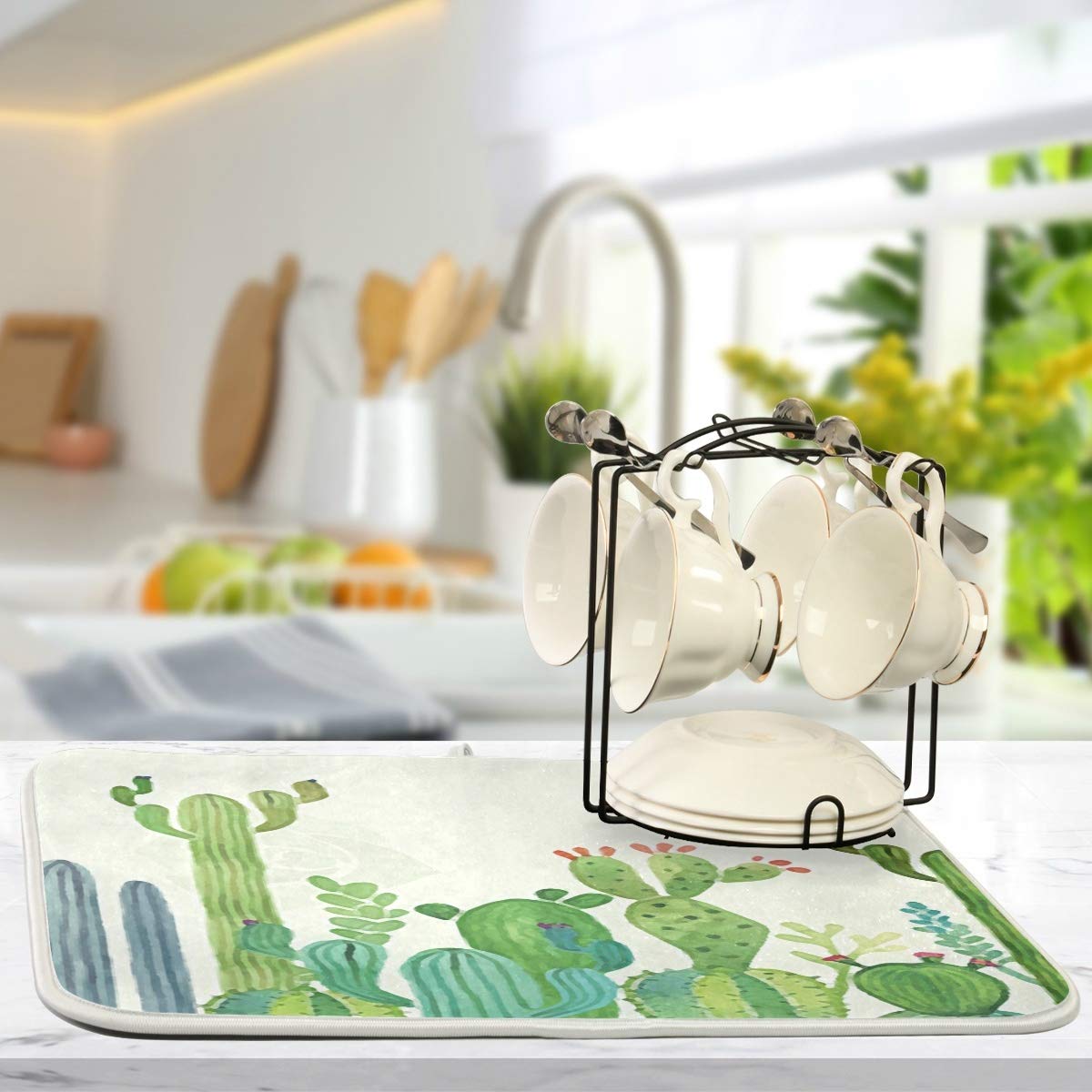**Absorbent Reversible Microfiber Dish Drying Mat - 18x24 Inch Large Kitchen Counter & Sink Mat, Non-Slip Bathroom Counter Pad, Cute Cartoon Cactus Design - Perfect for Drying Dishes, Protecting Countertops & Decorating Your Kitchen**