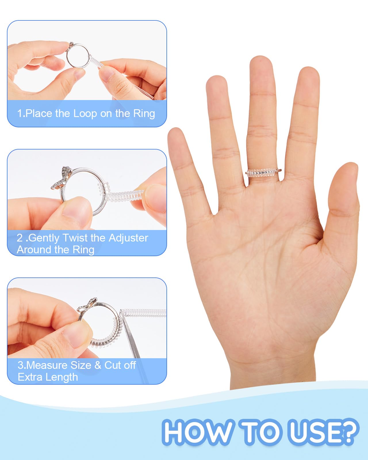 16 Pack Ring Sizer Adjuster for Loose Rings - Spiral Silicone Ring Guards for Women & Men - Invisible Ring Tightener Set with Polishing Cloth & Storage Box - Perfect for Wedding Bands, Engagement Rings & Jewelry Resizing