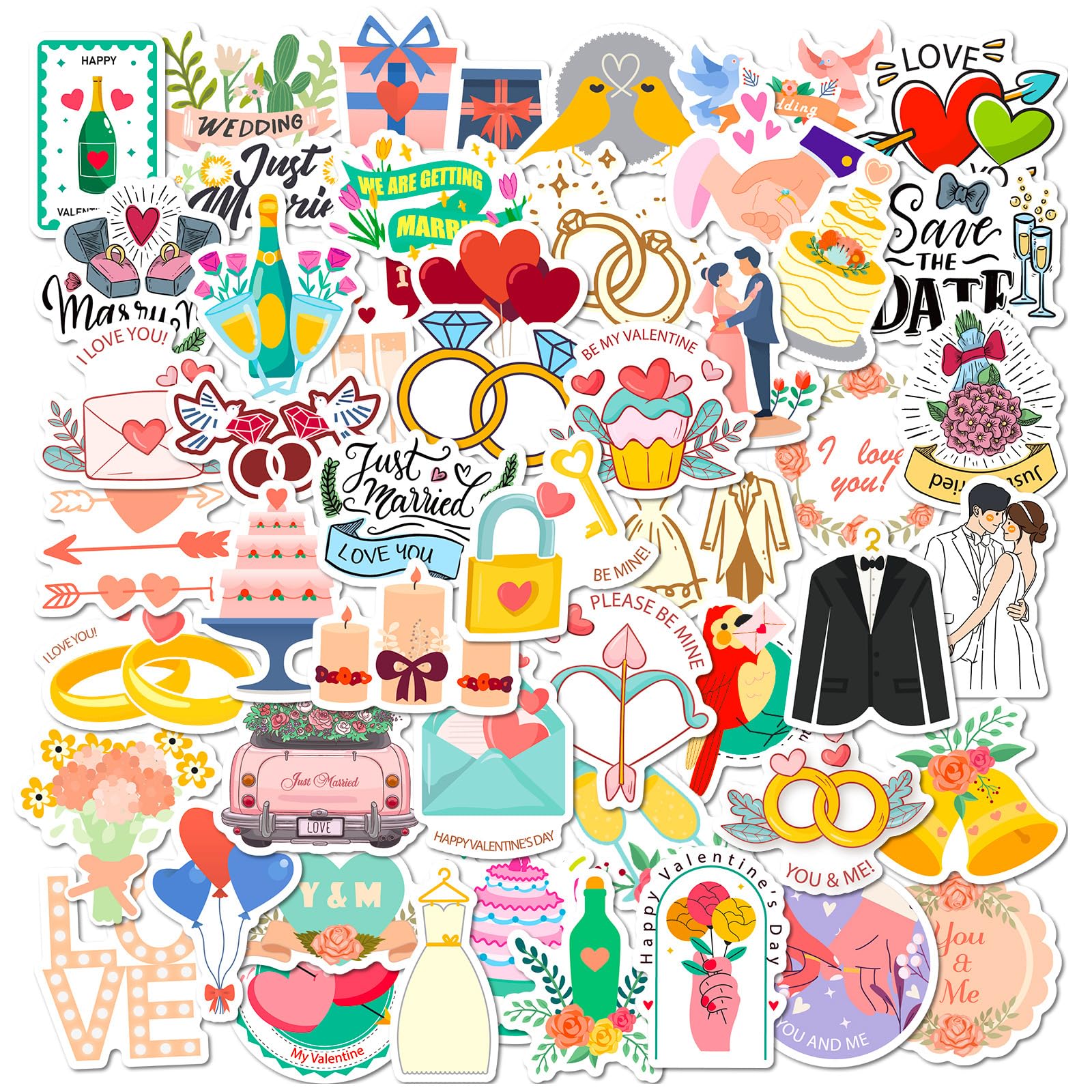 50 Pack Wedding Stickers - Waterproof Vinyl Decals for Water Bottles, Laptops, Phones, Computers, Skateboards & Hydro Flasks - Trendy Aesthetic Decor for Kids, Teens, Girls & Adults - Perfect for Wedding Favors, DIY Projects & Personalizing Gifts
