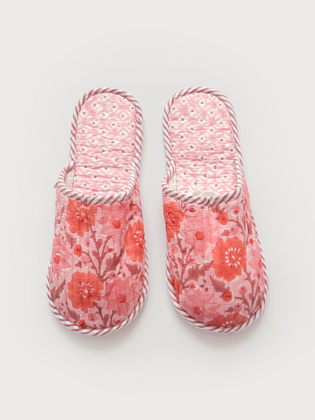Vintage Pink Block Print House Slippers - Cozy Indoor Slides for Women, Comfortable Home Shoes - Perfect for Lounging, Relaxing & Spa Days