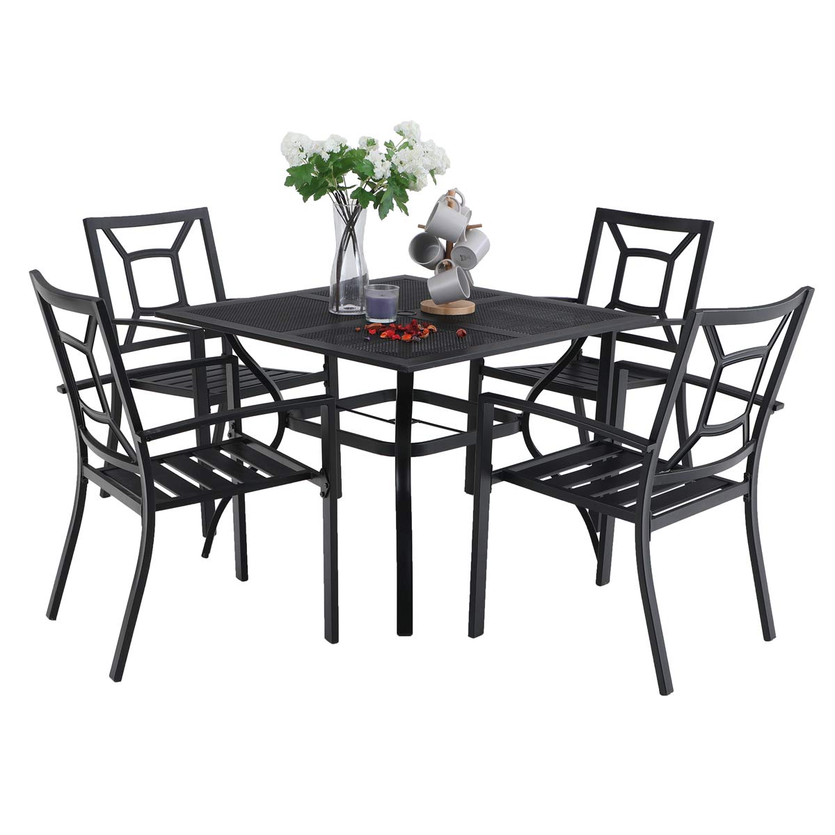 PHI VILLA 5-Piece Outdoor Dining Set with Square Metal Mesh Table & 4 Chairs - Patio Furniture with 1.57