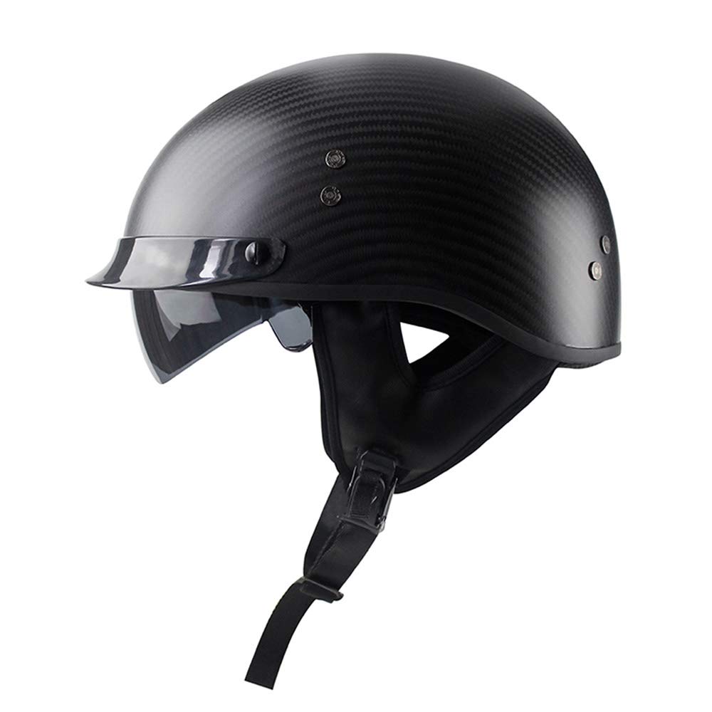 Vintage Carbon Fiber Motorcycle Half Helmet for Adults with Drop Down Sun Visor - Lightweight, DOT Approved (Size L, Matte Black) - Perfect for Cruiser, Chopper & Cafe Racer Riding