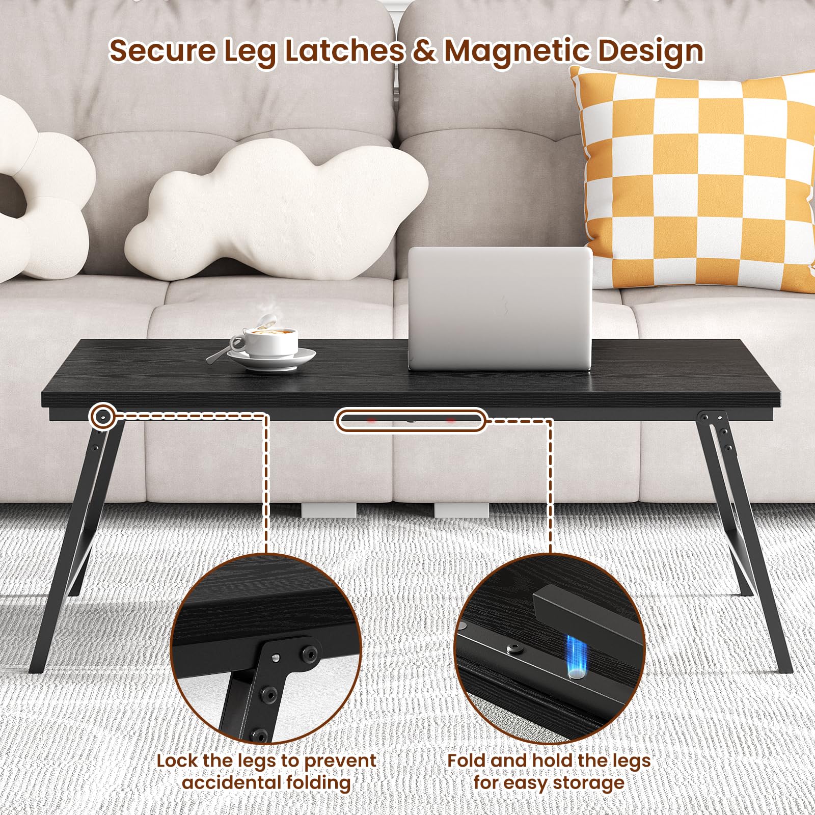 Foldable Coffee Table for Small Spaces - Sturdy Collapsible Portable Coffee Table with Leg Latches, No Assembly Required - Perfect for Living Room, Home, Office (Black, 41.3