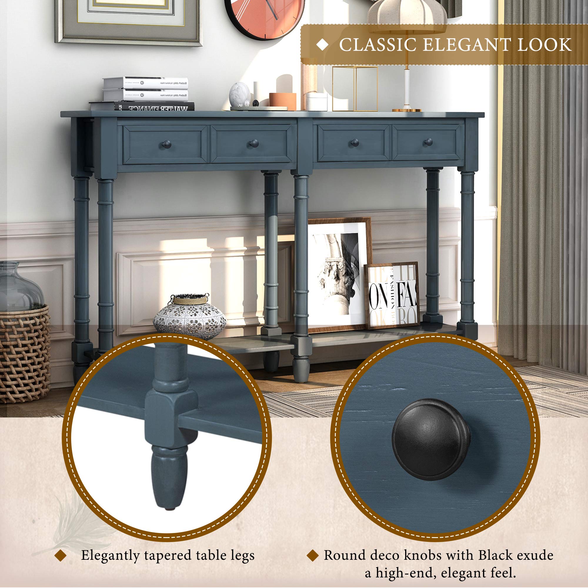 Solid Wood Console Table with 2 Storage Drawers & Shelf - Antique Navy Sofa Table for Living Room, Entryway, Hallway | Perfect for Home Decor & Small Space Organization