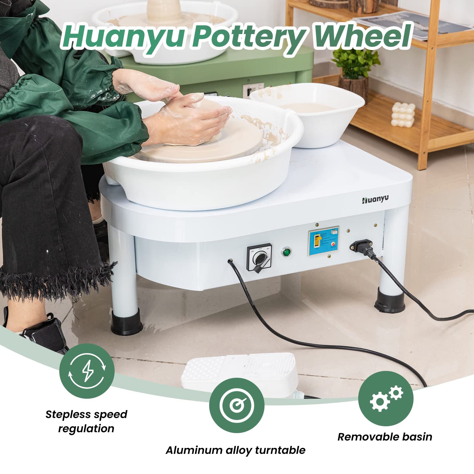 Huanyu 25cm Electric Pottery Wheel with Foot Pedal - 350W Ceramic Forming Machine, Detachable Basin & Bat Tools for Clay Art, DIY Craft Projects - Perfect for Studio, Classroom & Home Pottery Making