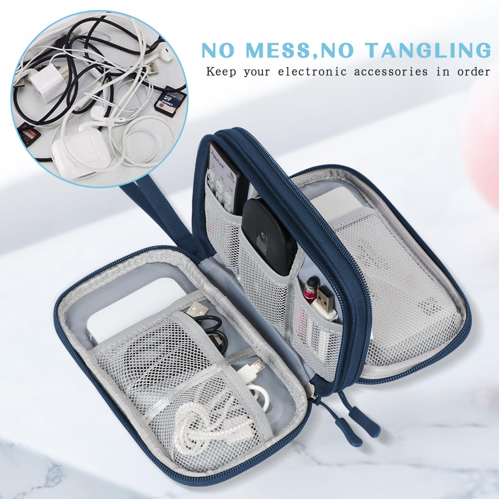 FYY Electronic Organizer Bag - Waterproof Travel Cable Organizer Pouch with Double Layers for Charger, Phone, Earphone, Cord Storage - Medium Size Navy - Perfect for Travel, Office & Daily Commute