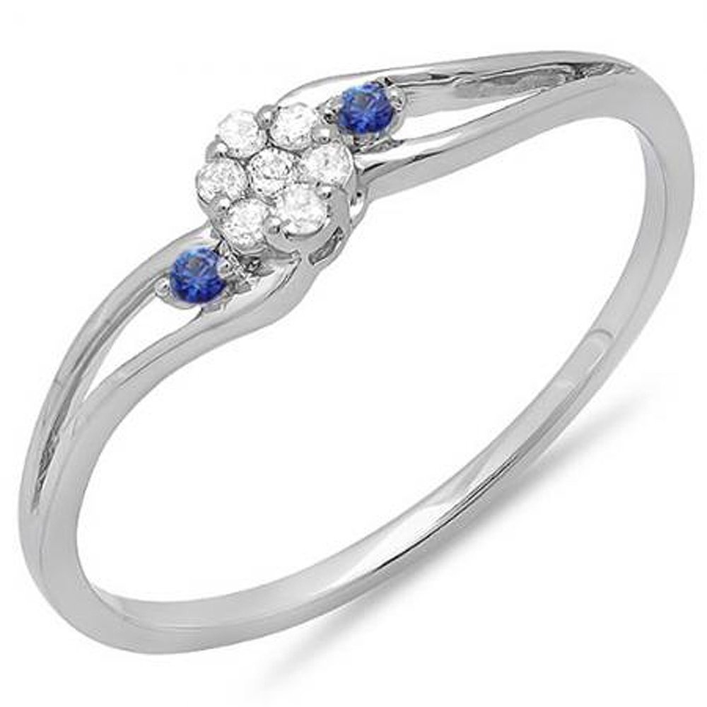 Dazzlingrock 14K White Gold Round White Diamond & Blue Sapphire Women's Bridal Swirl Split Shank Cluster Promise Ring - Perfect for Engagement, Anniversary, Valentine's Day Gift