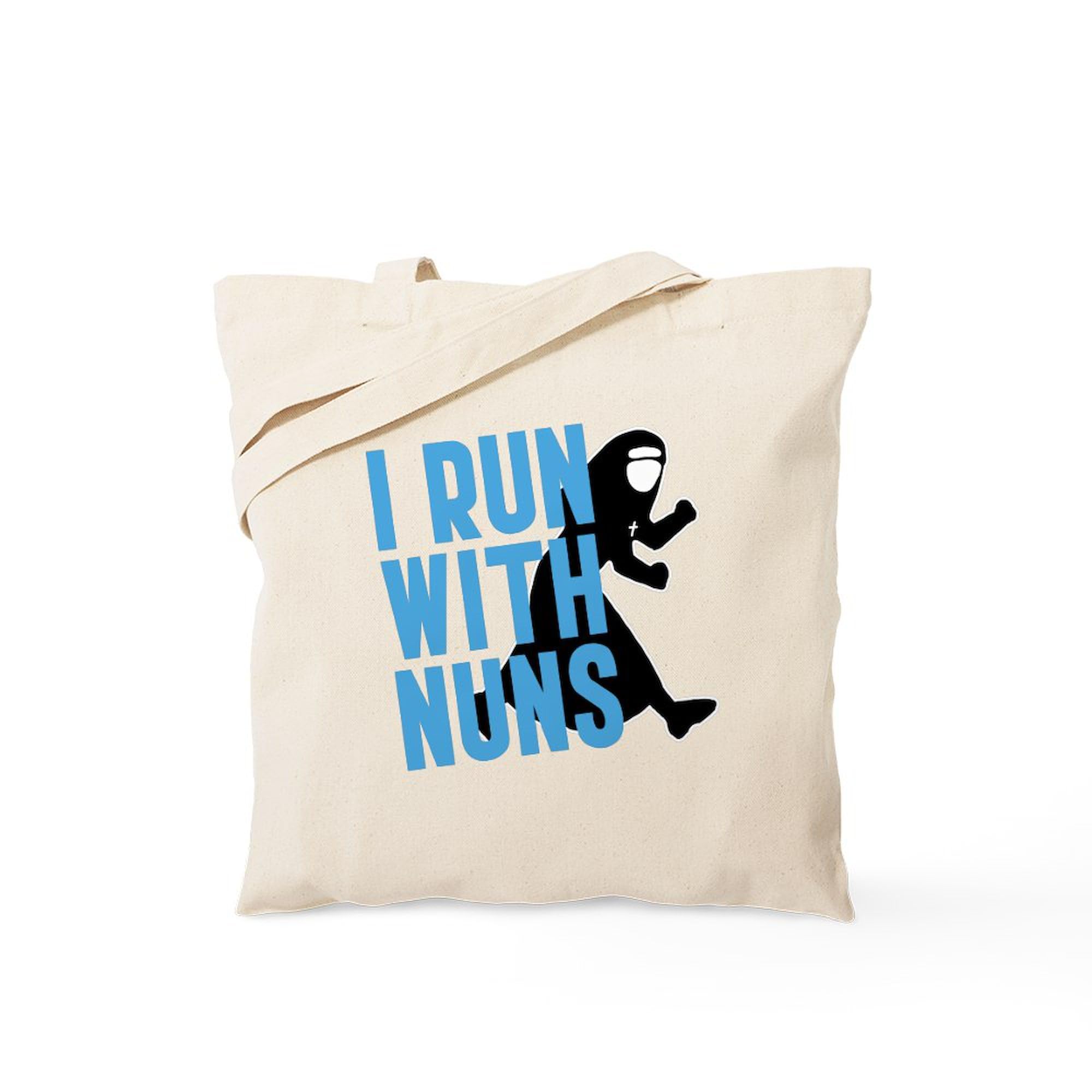 Premium Natural Canvas Tote Bag - Reusable Eco-Friendly Shopping Bag with 'I Run With Nuns' Design | Perfect for Groceries, Beach Trips & Church Events