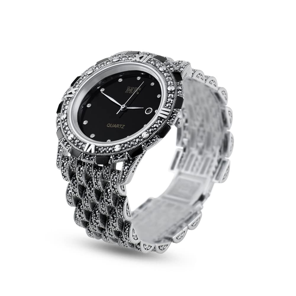 Men's Luxury Thai 925 Sterling Silver Marcasite Wrist Watch - Black 21CM Band - Elegant Dress Watch for Formal Events & Business Occasions