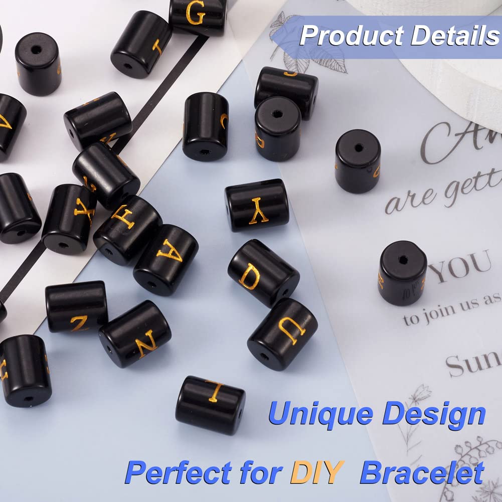 Cheriswelry 26Pcs 11mm Black & Gold Alphabet Glass Beads - DIY Letter Beads for Necklace, Bracelet, Jewelry Making - Perfect for Personalized Gifts, Initial Jewelry, and Craft Projects (Men & Women)