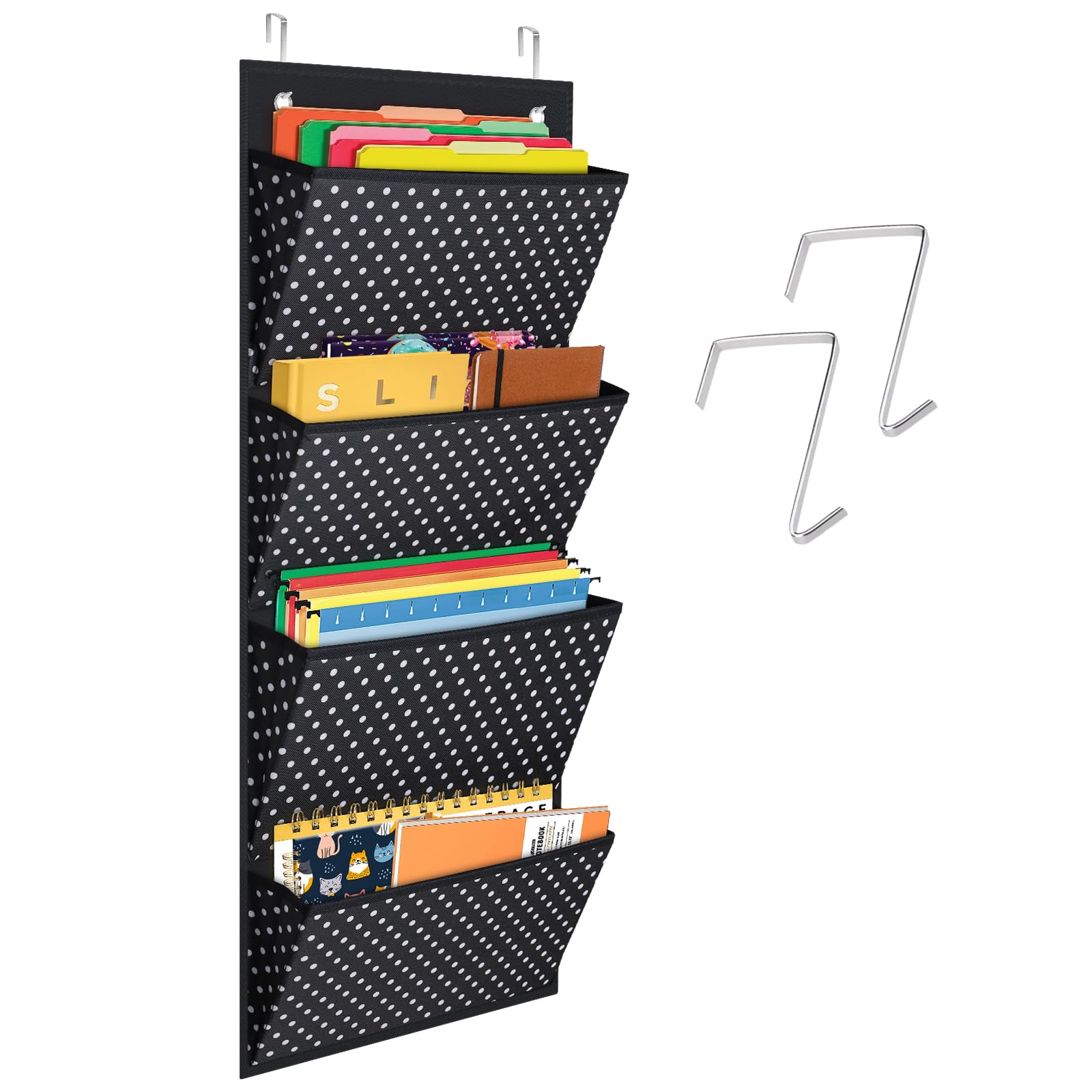 Godery Hanging Wall Organizer - 4 Pocket Fabric File Organizer for Office Supplies, Notebooks, Planners & Mail - Wall Mount & Over The Door Storage Solution for Home & Office Organization (White Spot) - Perfect for Desk, Closet & Entryway Organization