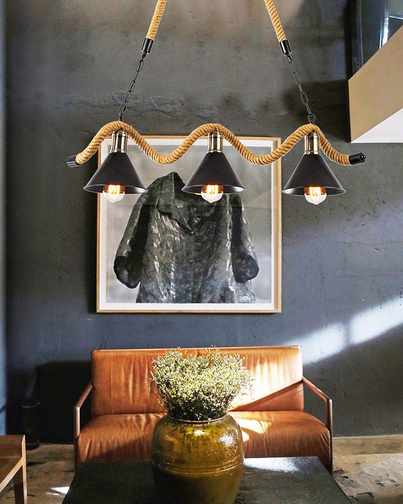 Handmade Hemp Rope Wave Chandelier - Industrial Style Ceiling Light Fixture for Farmhouse, Loft & Coastal Decor