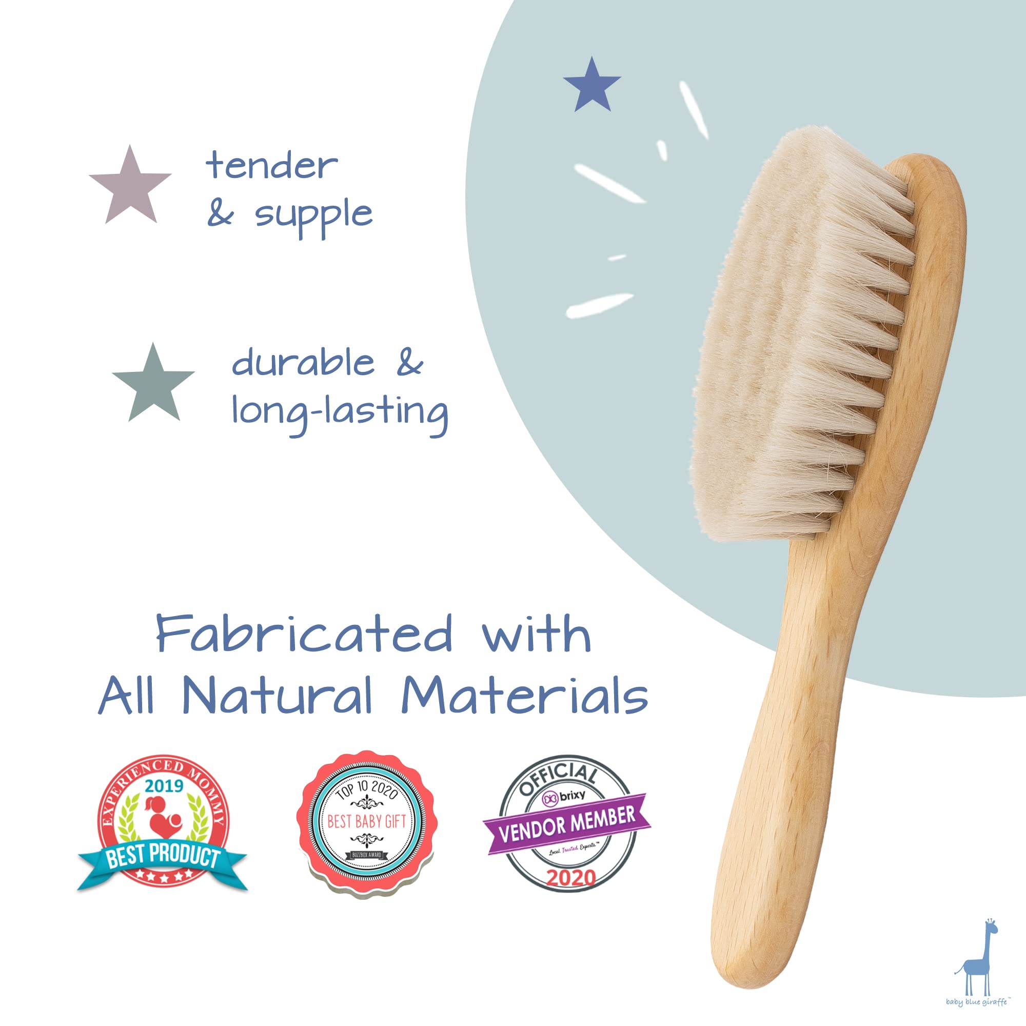Super Soft Baby Hair Brush with Natural Goat Hair & Beech Wood - Gentle Newborn Grooming Kit, Essential Baby Shower Gift (Baby Blue Giraffe) - Perfect for Daily Hair Care & Sensitive Scalps