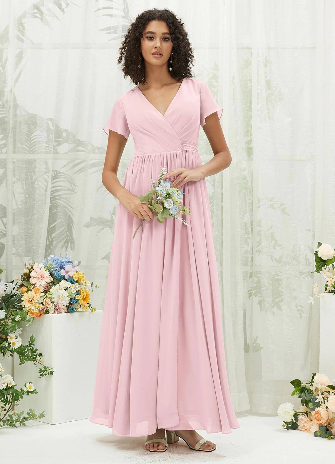 Elegant Blush Chiffon Short Sleeve V-Neck Wrap Pleated Bridesmaid Dress for Weddings & Formal Events | Perfect for Bridal Party, Evening Gowns & Special Occasions