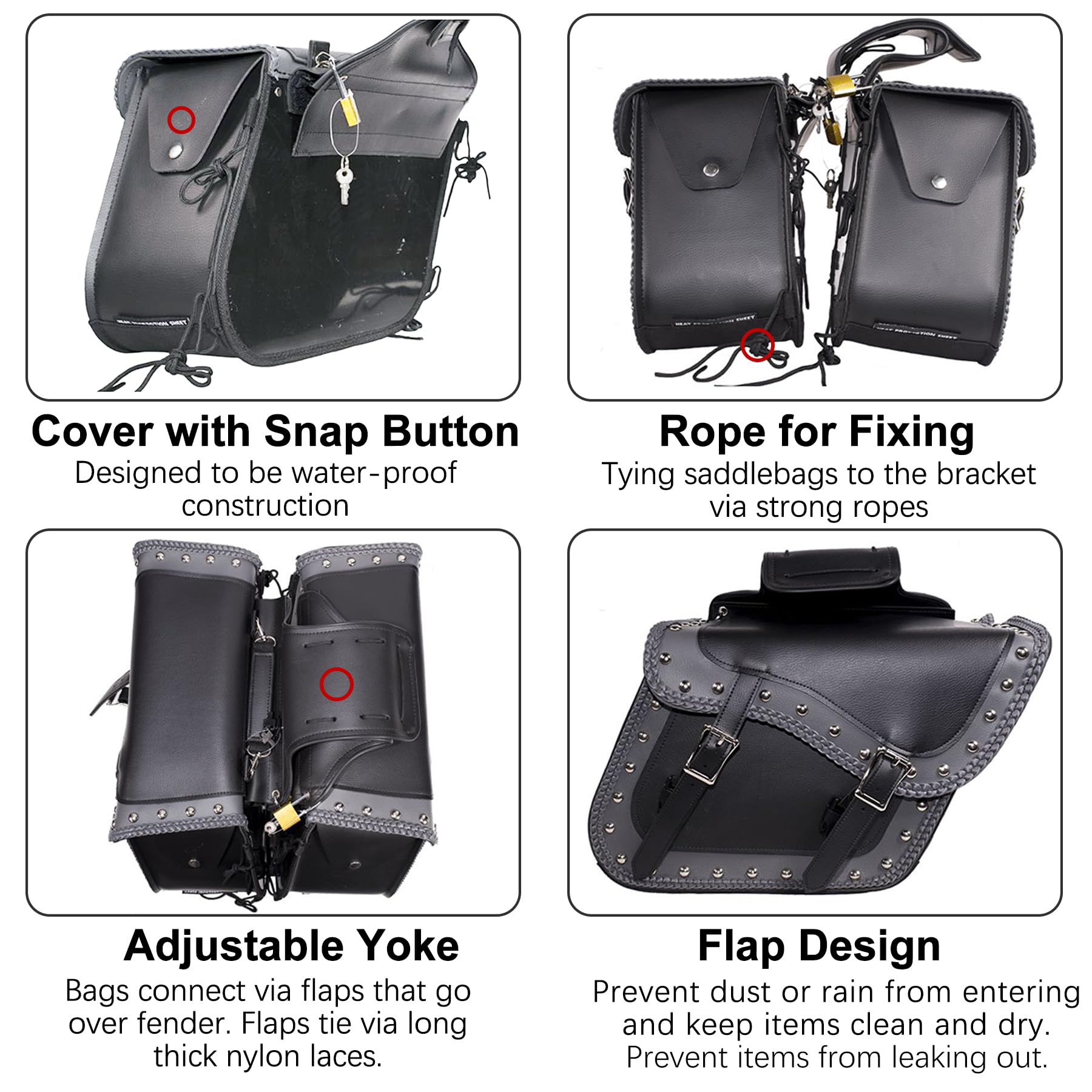Faux Leather Motorcycle Saddle Bags with Studs - Universal Throw Over Side Bags for Honda Shadow, Sportster, Softail, Dyna & V-star (Black & Grey) - Waterproof PVC Storage for Cruiser Bikes, Road Trips & Daily Commuting