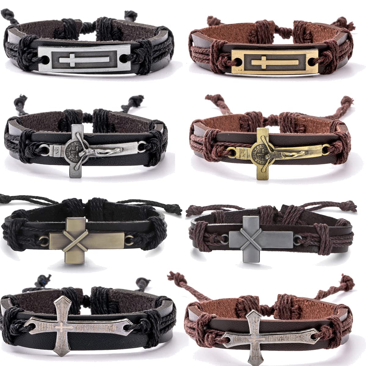 WAINIS 8PCS Braided Leather Cross Bracelets for Men - Adjustable Christian Woven Bracelet Set - Vintage Religious Wristbands for Daily Wear, Gifts & Church Events