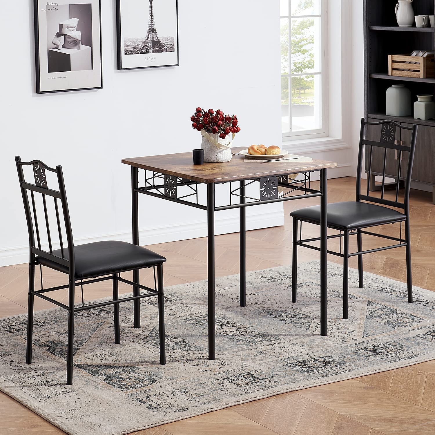 VECELO 3-Piece Retro Brown Wooden Dining Table Set with PU Cushion Chairs - Compact Kitchen Table for Small Spaces, Perfect for Apartments, Breakfast Nooks & Cozy Dining Areas