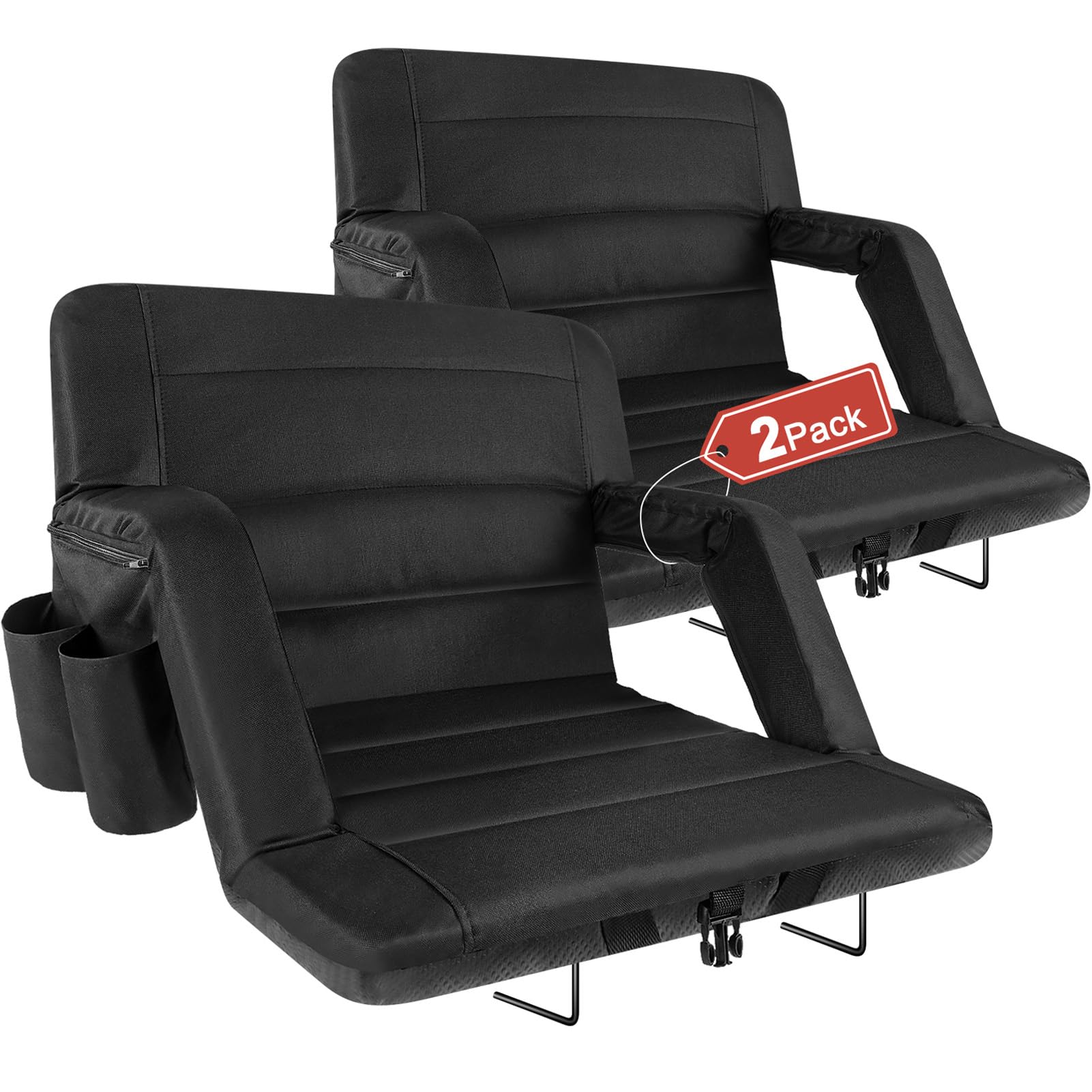 Extra Wide Stadium Seats with Back Support 2 Pack - Folding Bleacher Chairs with Cushion & 6 Reclining Positions - Waterproof Outdoor Seating (25