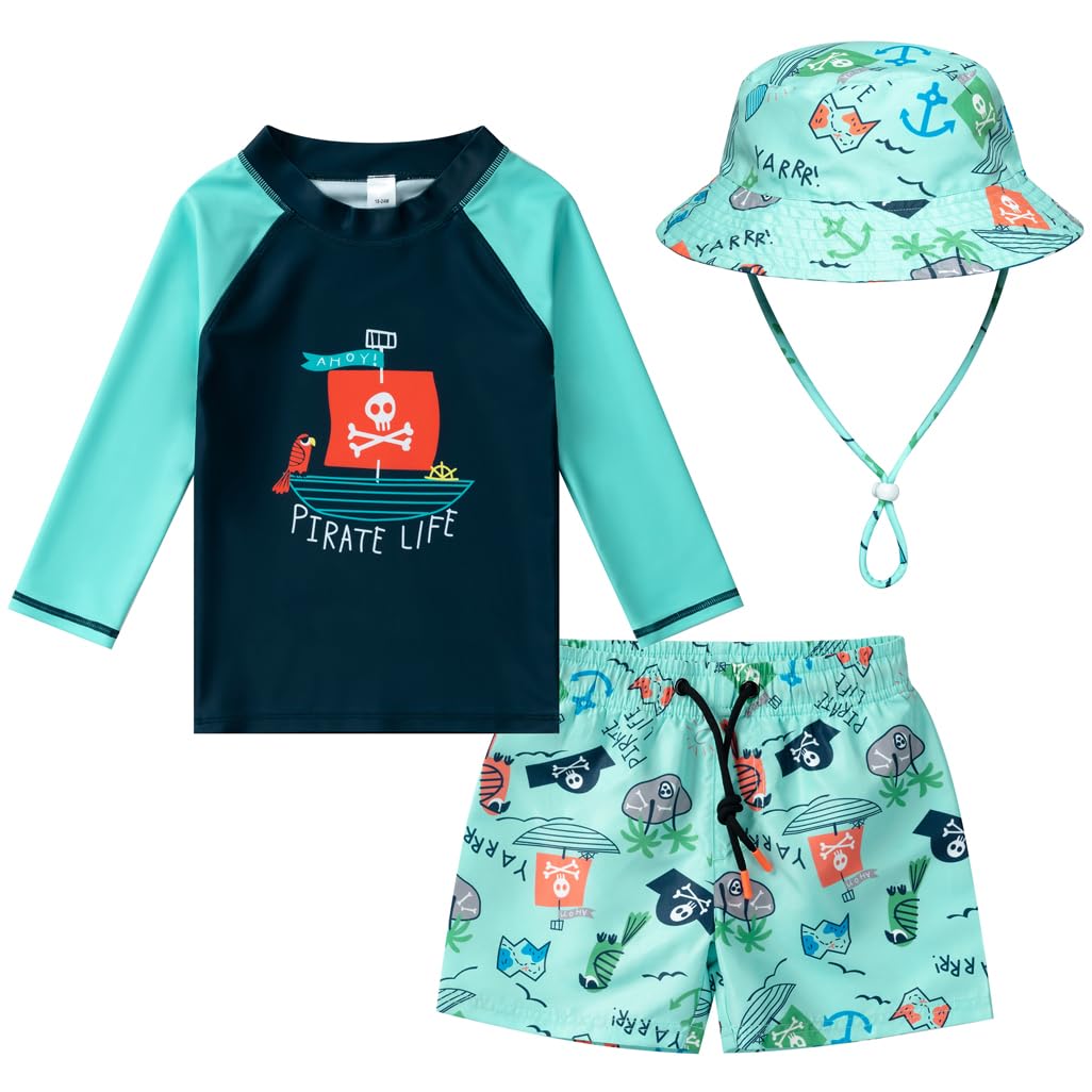 Baby Boys Long Sleeve Rash Guard Swim Shirt & Sun Hat Set - UPF 50+ UV Protection for Toddler Swimming, Beach, Pool and Outdoor Water Activities